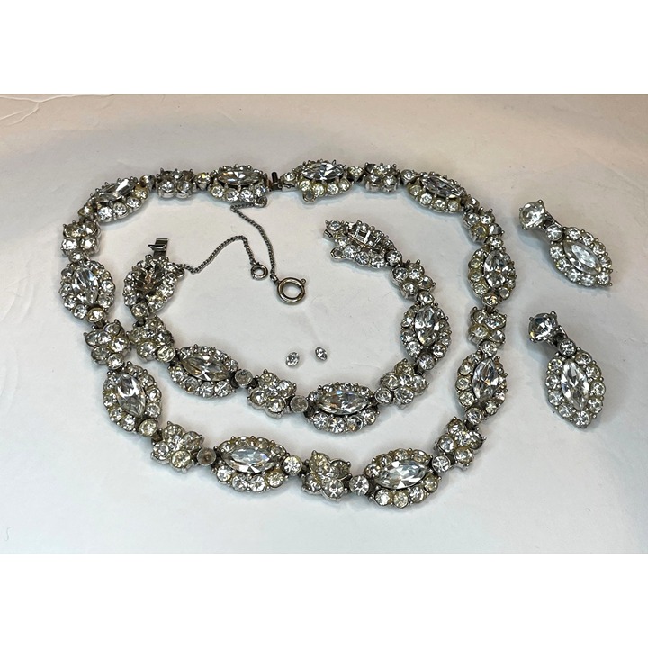 Vintage Bogoff Rhinestone Necklace Bracelet & Earrings Set With Missing Stones