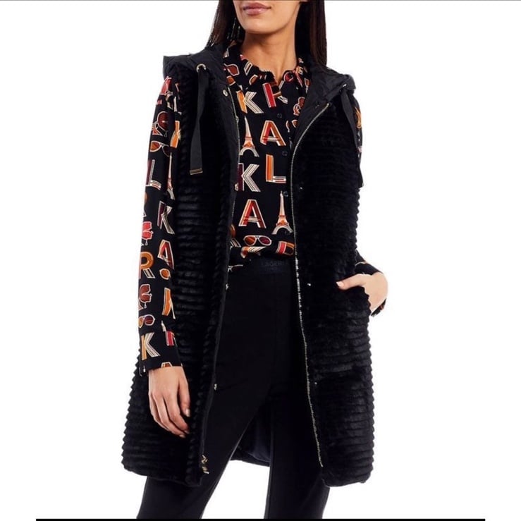 Karl Lagerfeld Black Faux Fur Hooded Real Down Insulated Vest NWT