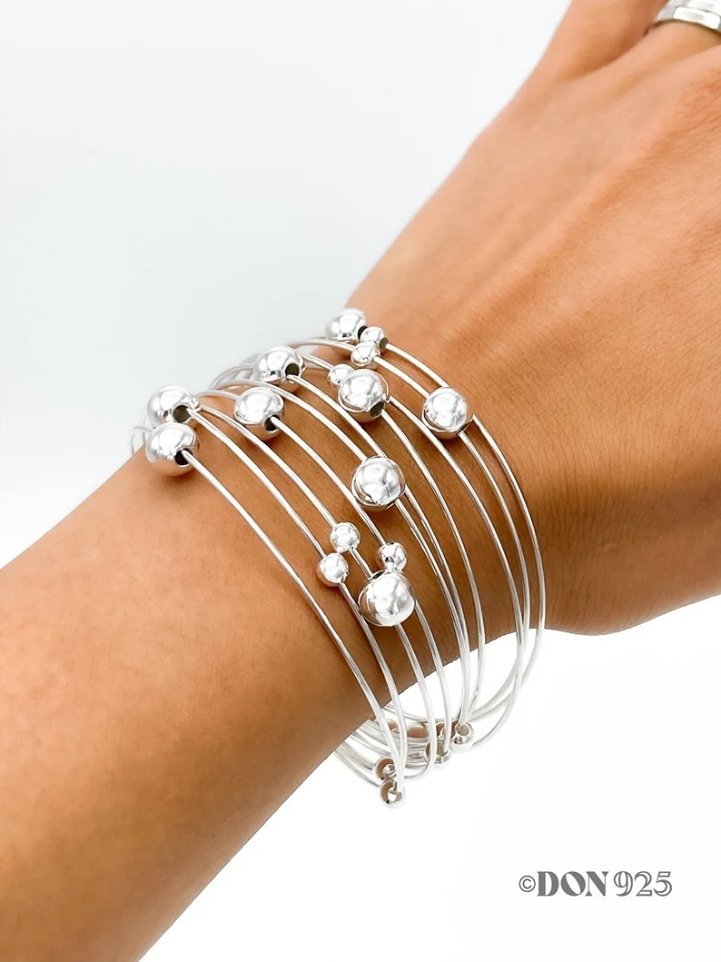 Sterling Silver Stacking Cuff Bracelet, Beaded Bracelet, Unusual Bracelet