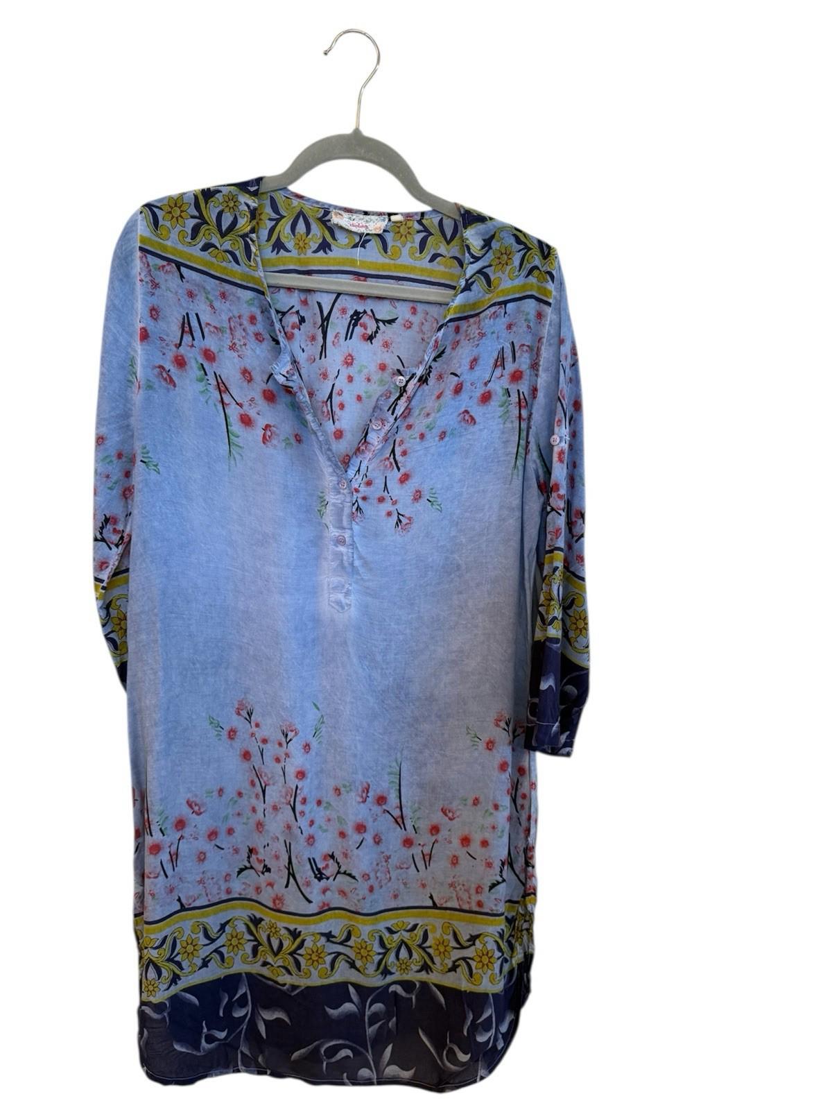 DOLMA ANTHROPOLOGIE Modal Dress Blue Floral 3/4 Rolled Tab BOHO hippy L