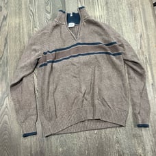 Columbia Sweater Mock Neck Quarter Zip Pullover Stripe Knit Tan Navy Size Medium