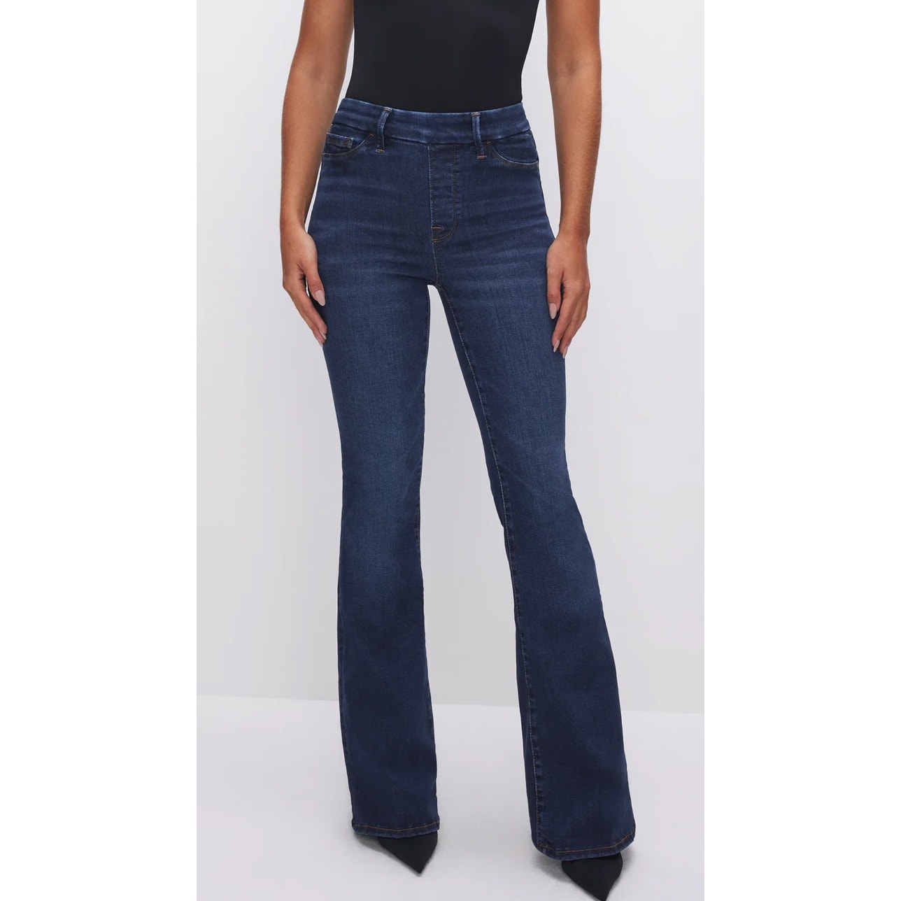 NWT Good American POWER STRETCH PULL-ON FLARE JEANS | INDIGO size-S