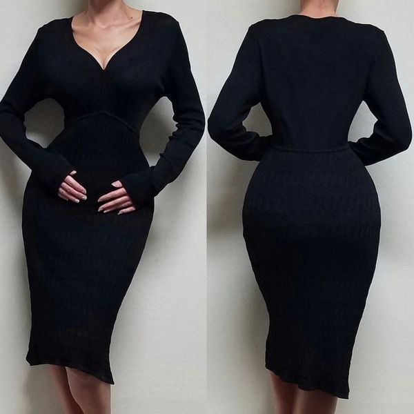 Vintage 90s Jones Wear Morticia Black Blousen Eyelet Knit V-neck Bodycon Dress
