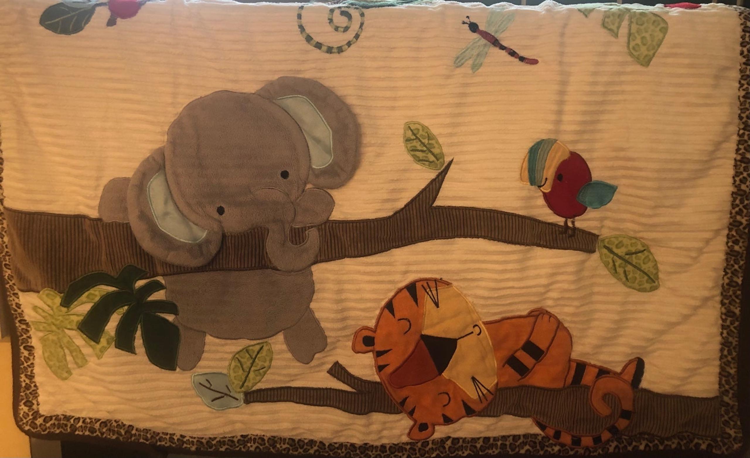 Lambs & Ivy Crib Quilt Jungle Animals Elephant Monkey Tiger Dragonfly