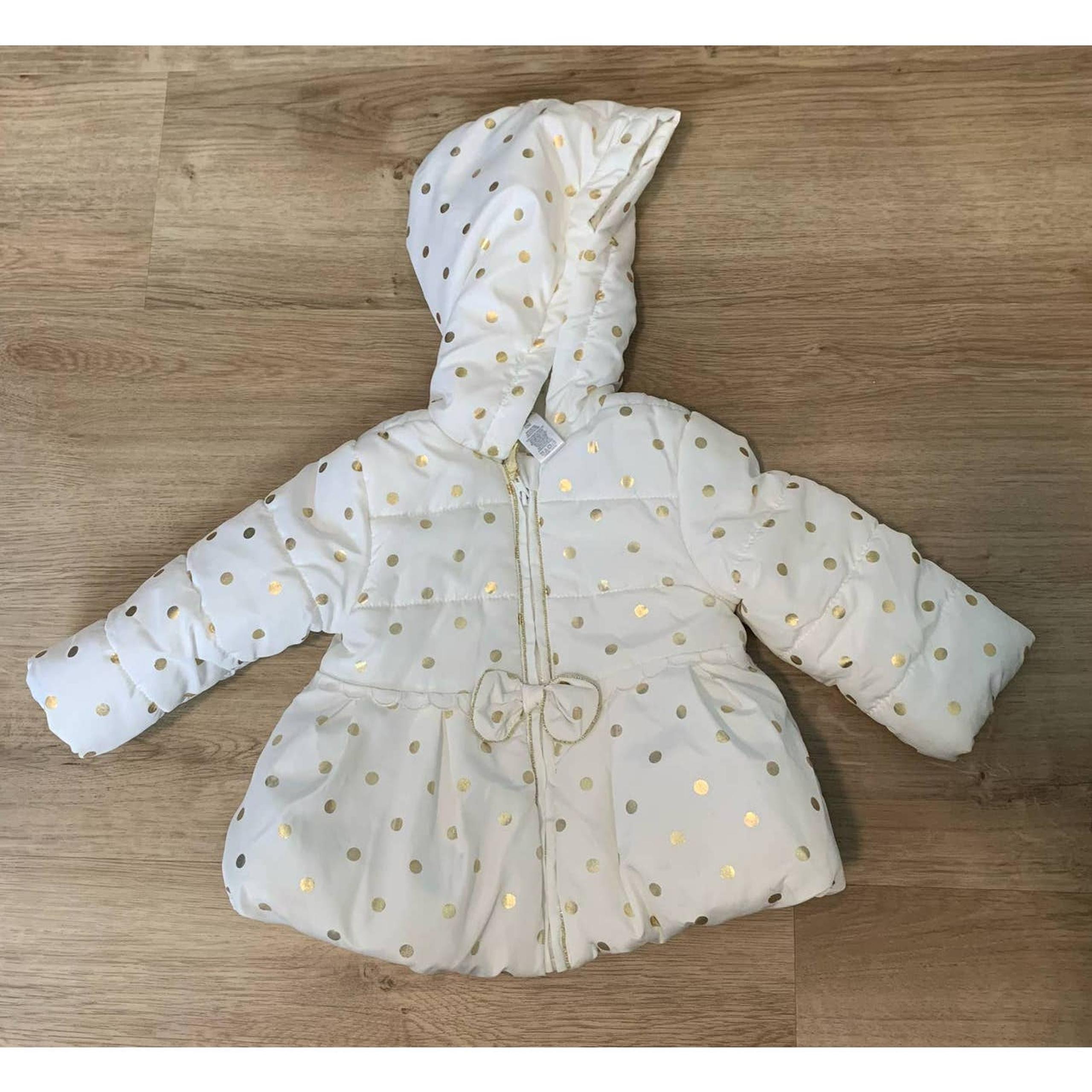 Little Me Little Girls Coat Long Sleeve Hooded Size 12 Months Polka Dot White