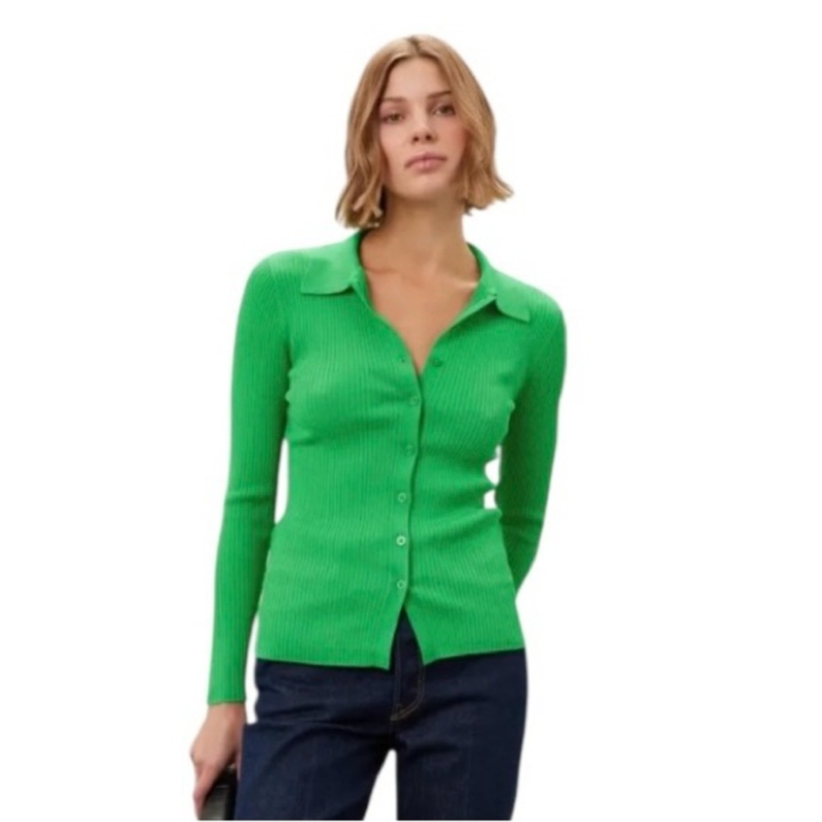 Lauren Ralph Lauren Polo Cardigan in Green Ribbed Knit Button Front Size Large