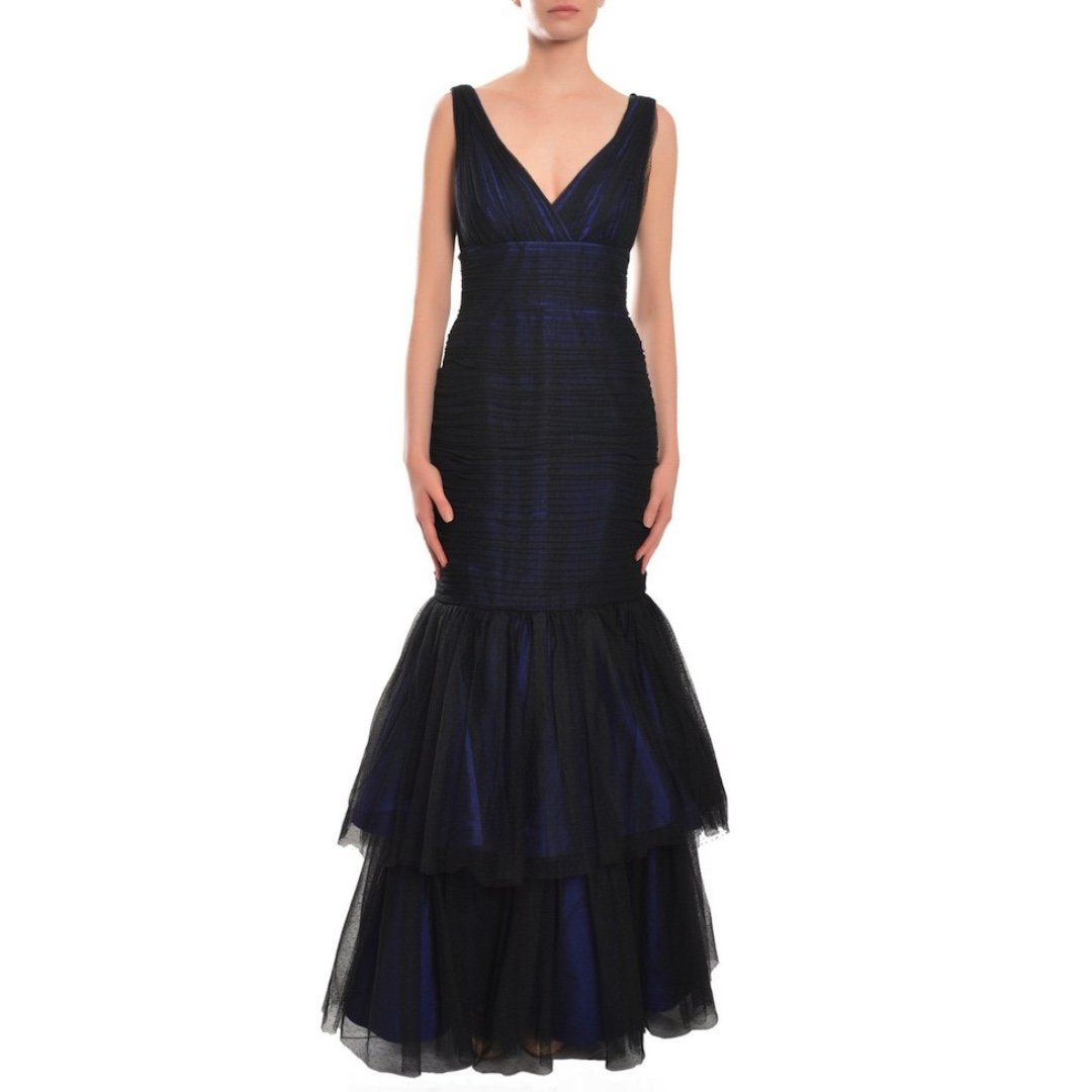 ML Monique Lhuillier V-Neckline Tiered Trumpet Gown in Black Cobalt