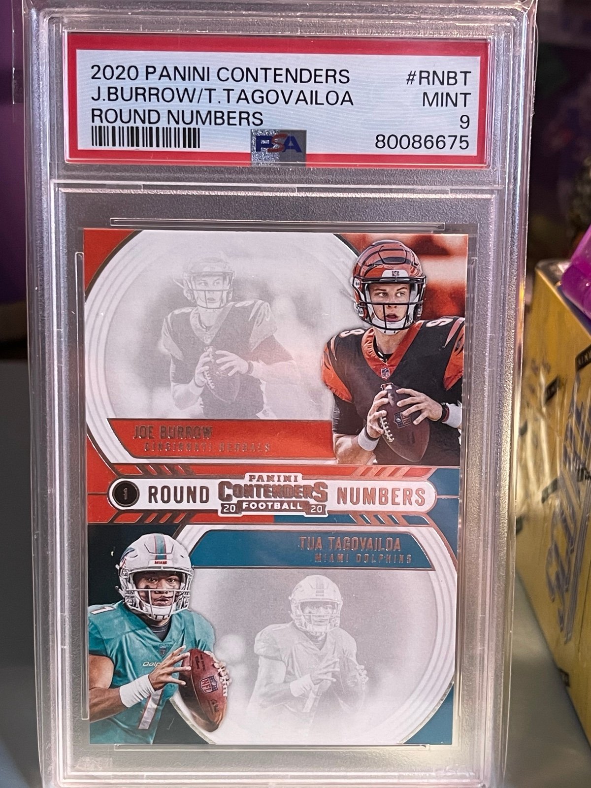 Joe Burrow/Tua Tagovailoa-Contenders, RC-Round 1 Numbers-PSA 9, BENGALS/DOLPHINS