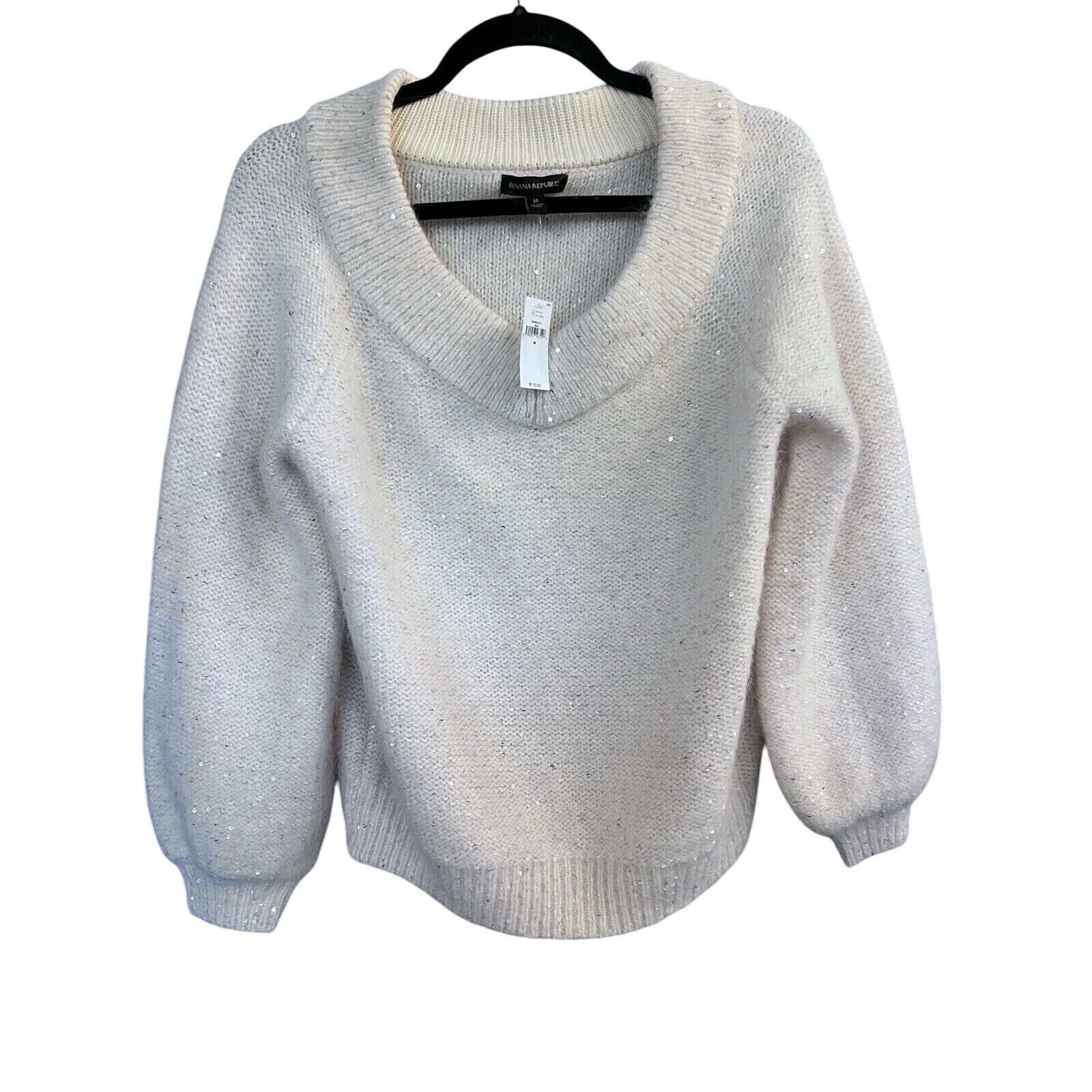 Banana Republic Sequin V Neck Sweater Size M White NWT 110 MSRP Wool Alpaca