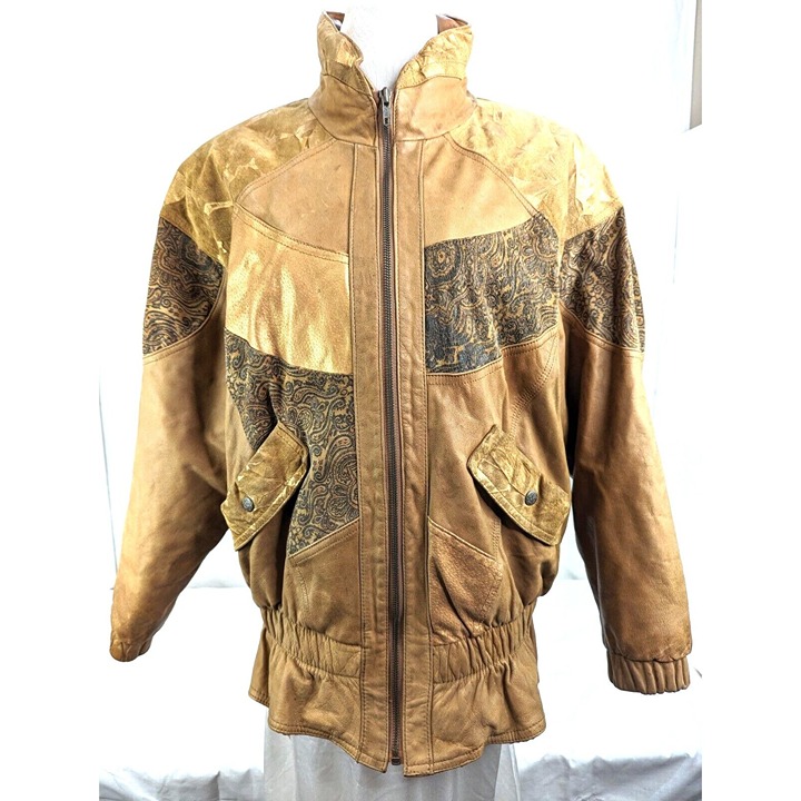 Vintage G-III Womens Brown and Gold Full Zip w/Pockets Leather Jacket Size L