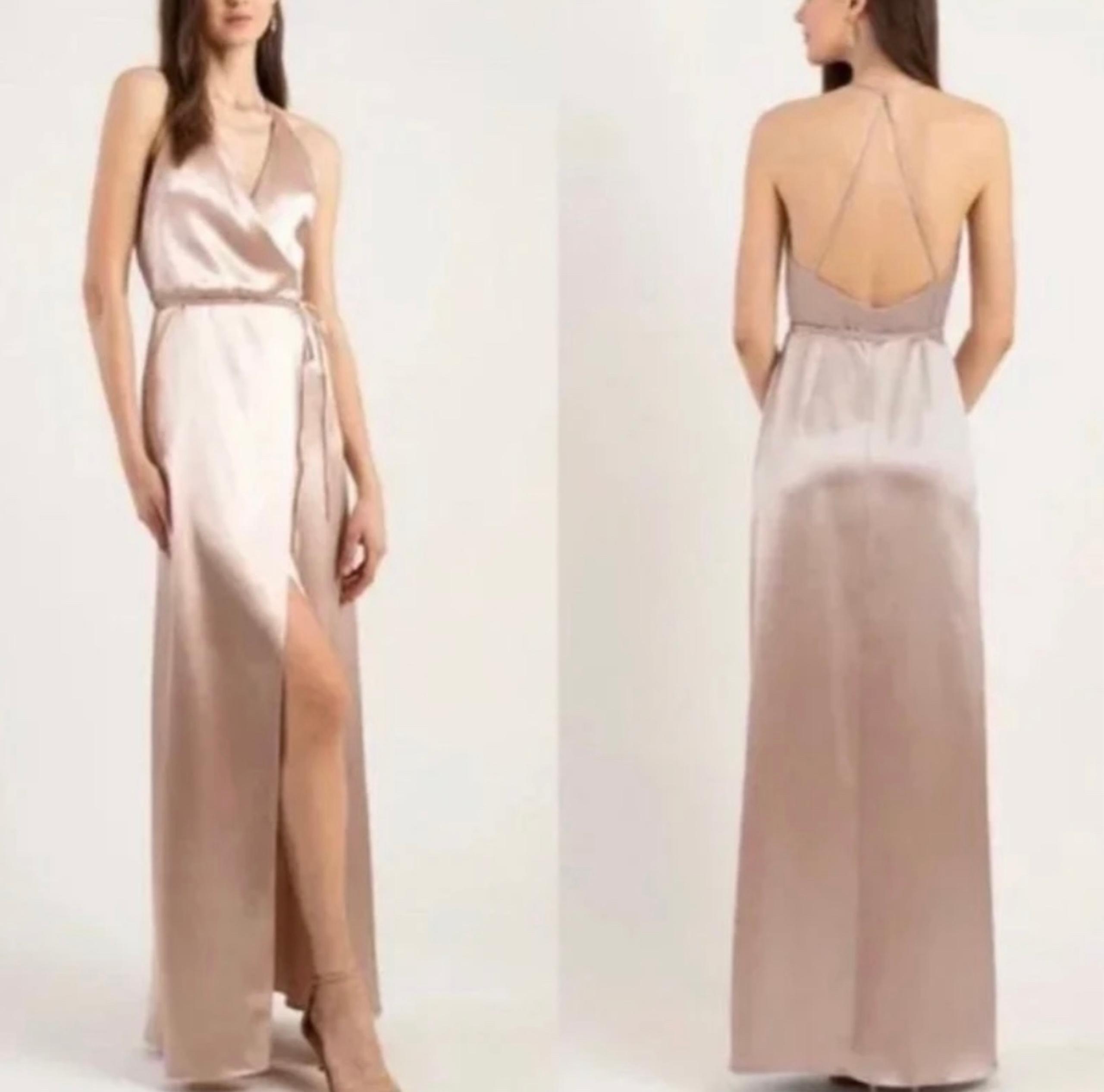 NWT Jenny Yoo Lana Full Length Maxi Dress Wrap Wedding Guest Satin V Neck Latte