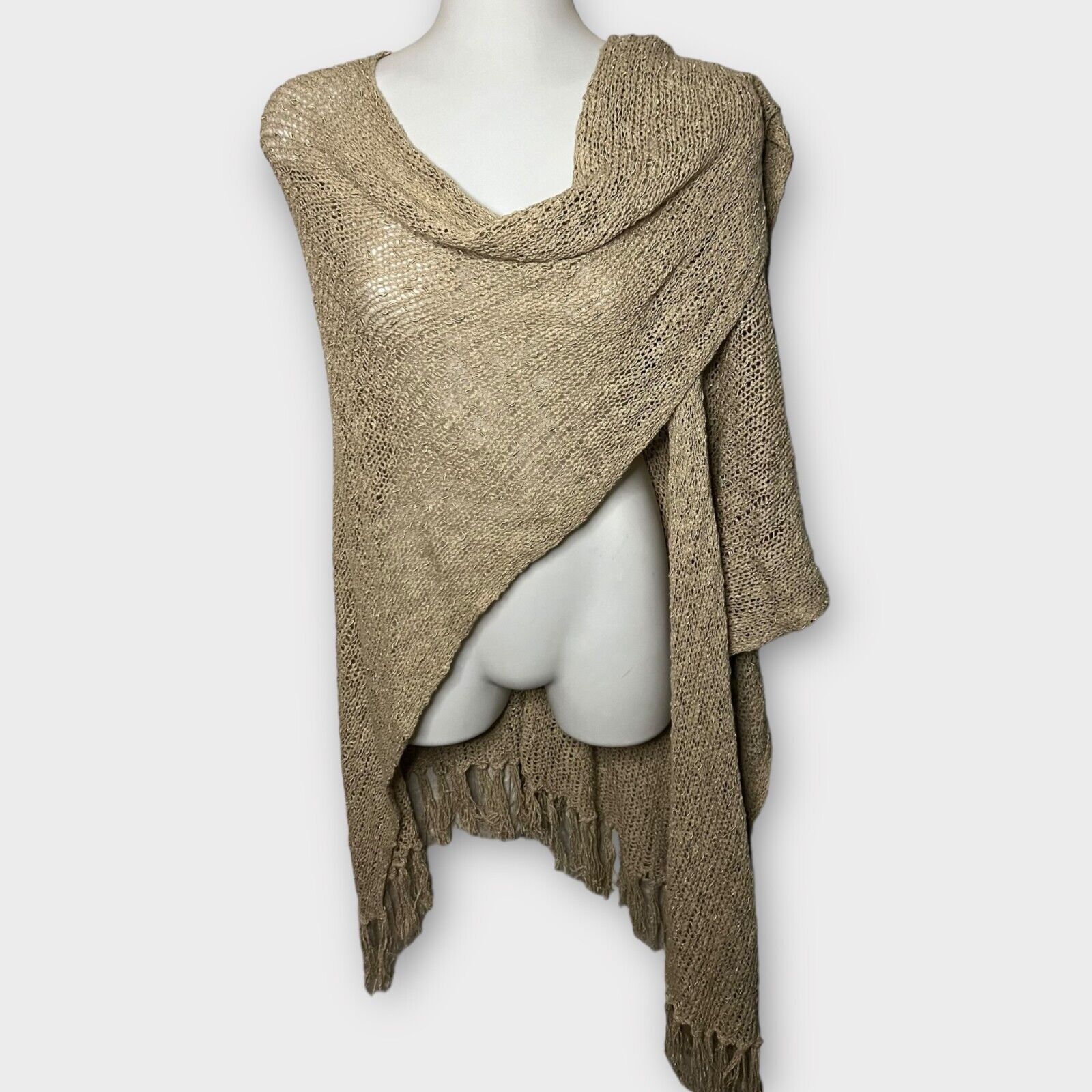 Coldwater Creek Women's Tan Shimmer Open Knit Wrap, Shawl With Fringe One Size