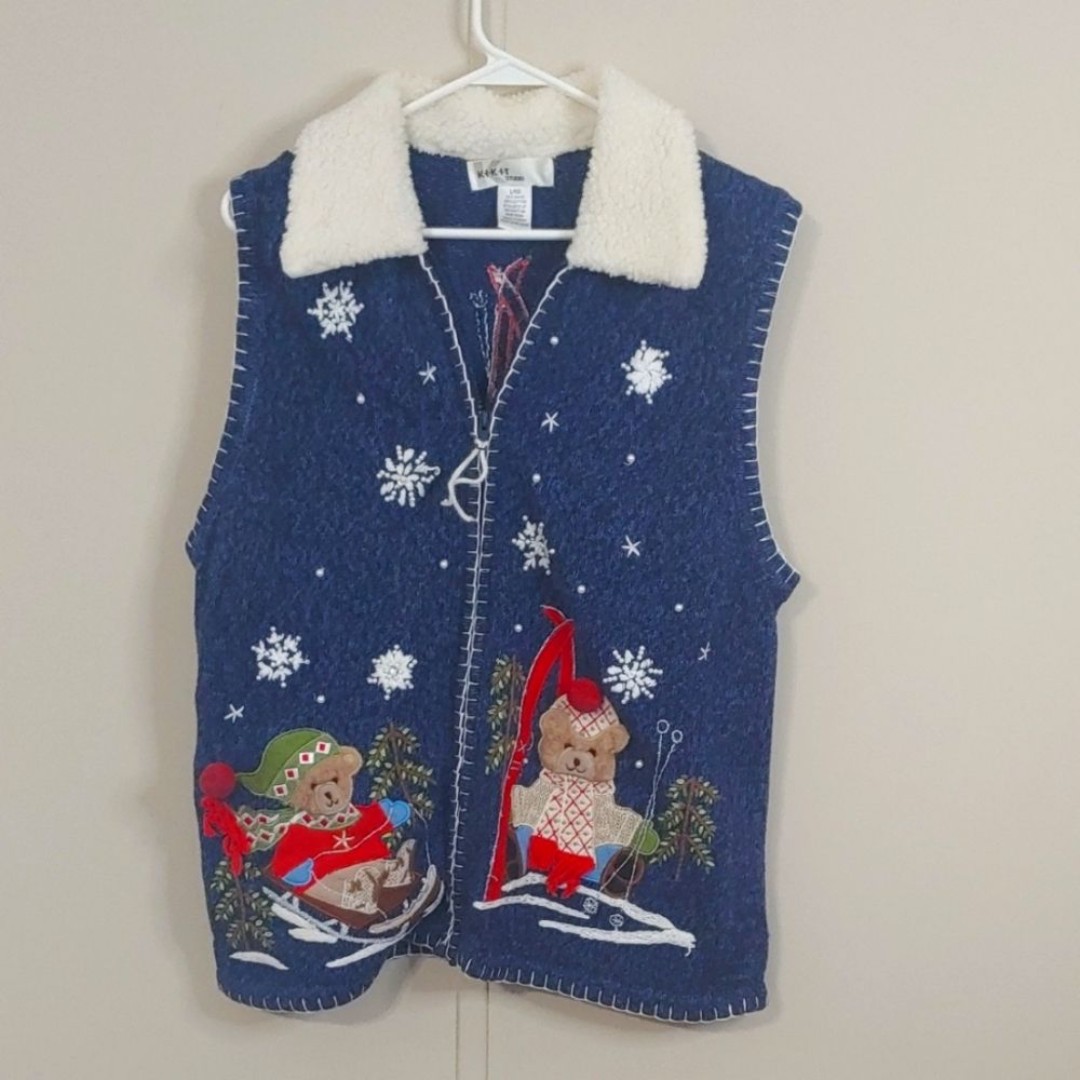 Kikit Skiing Teddy Bear Blue Winter Grandma Vest Women's Size Large