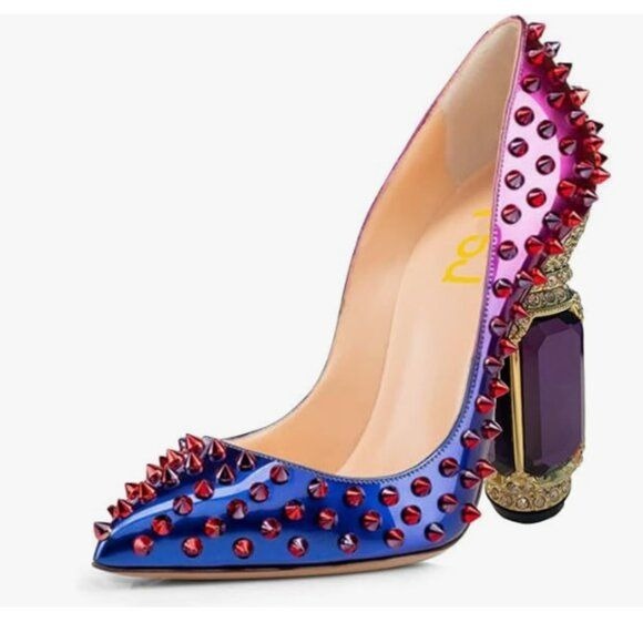 FSJ Blue Purple Rivets Bridal Pointed Toe Chunky Heel Crystal Slip on Pump