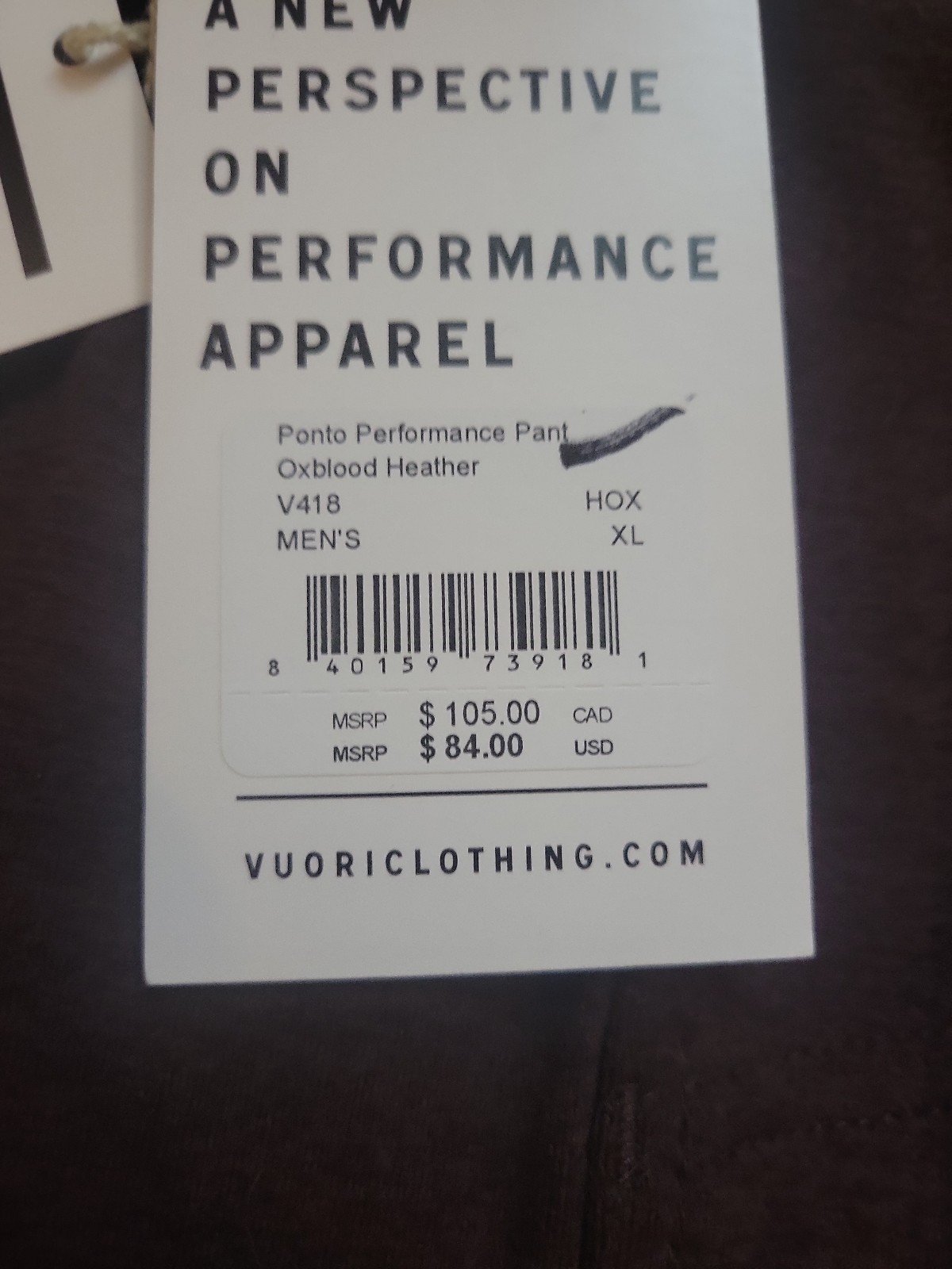 NWT Men's XL Ponto Performance Pants in the Color OxBlood