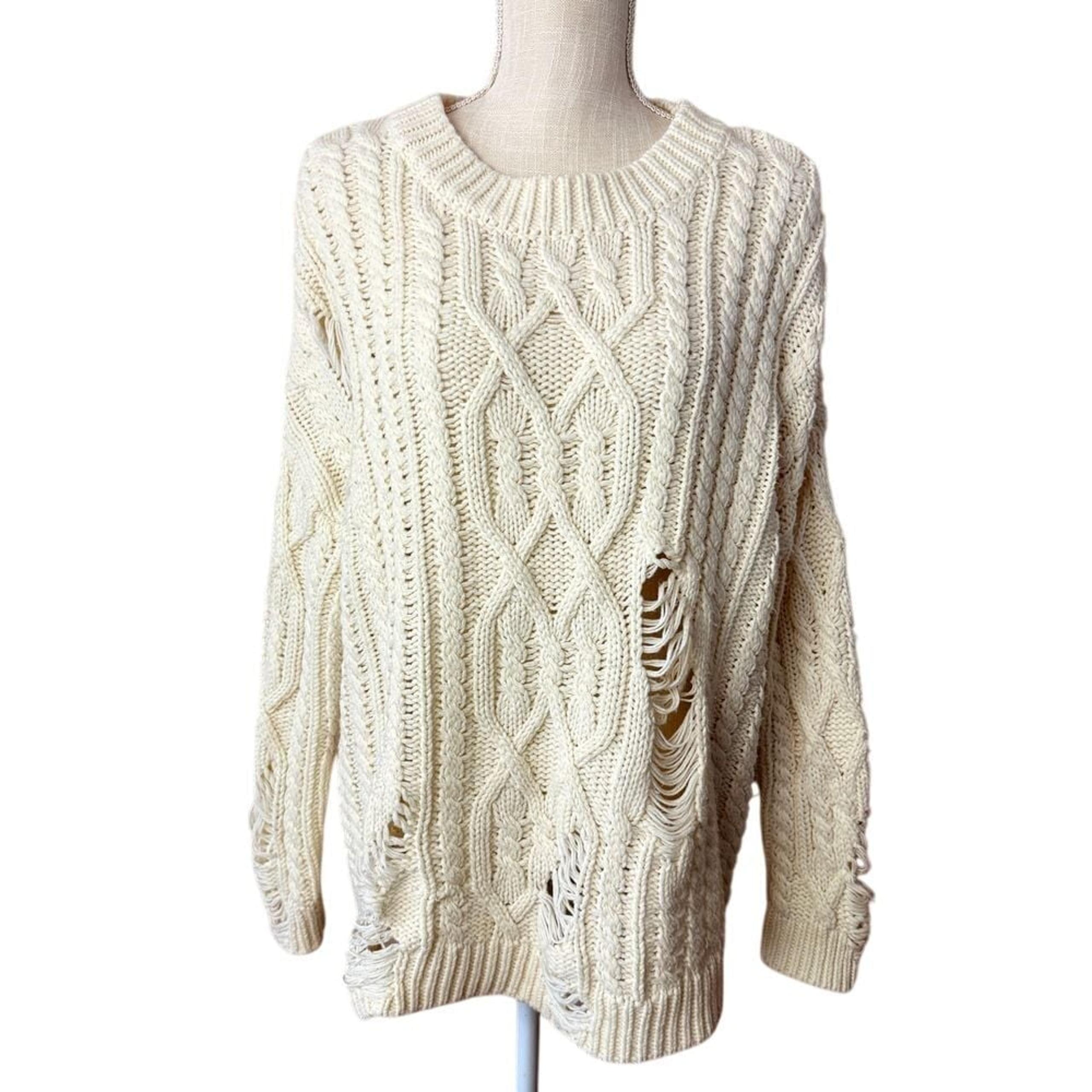 Revolve JOA Distressed Cable Knit Sweater Womens Size S Cream Crewneck Oversized