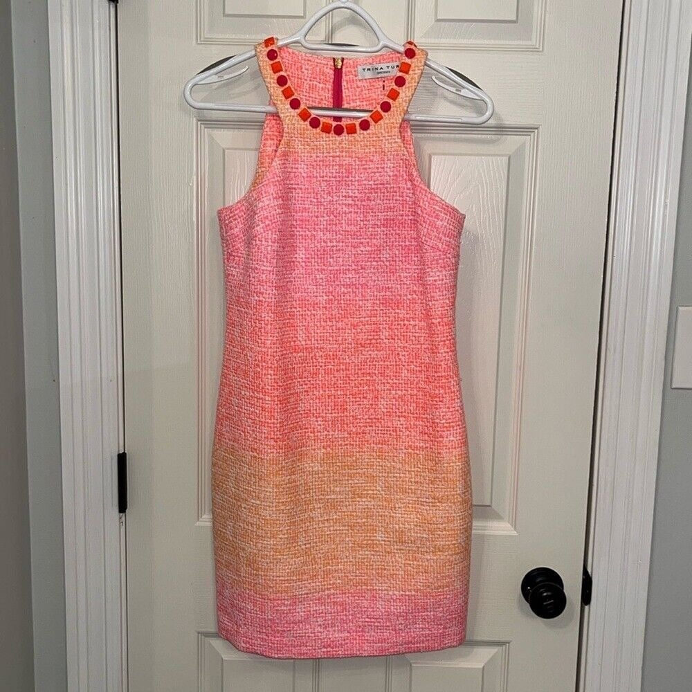 Trina Turk Aptos 2 Pink Orange Ombré Tweed Dress Sz 0 Cocktail Jeweled Halter