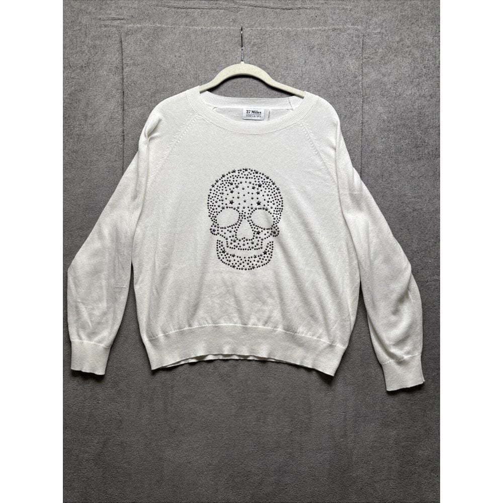 27 Miles Malibu Sweater Large White Studded Skull Cashmere Blend Pullover