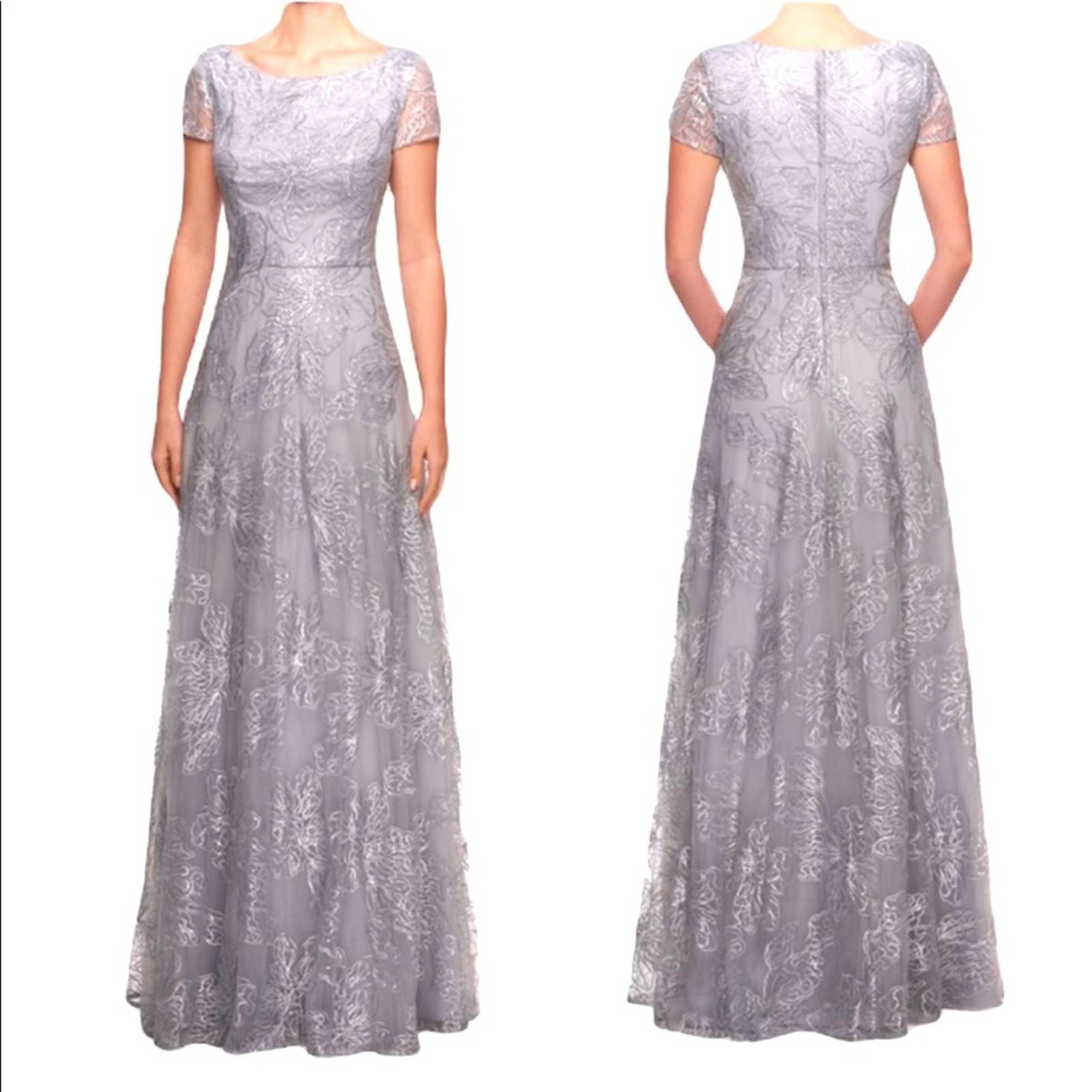 LA FEMME Sequin Floral Embroider Gown 6 Silver Nordstrom Wedding Bridesmaid nwt