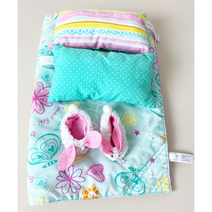 Retired American girl Doll Dreamy Reversible Comforter, 2 Pillows,Bunny Slippers