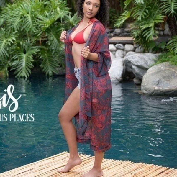 JUST IN-Charcoal red print kimono
