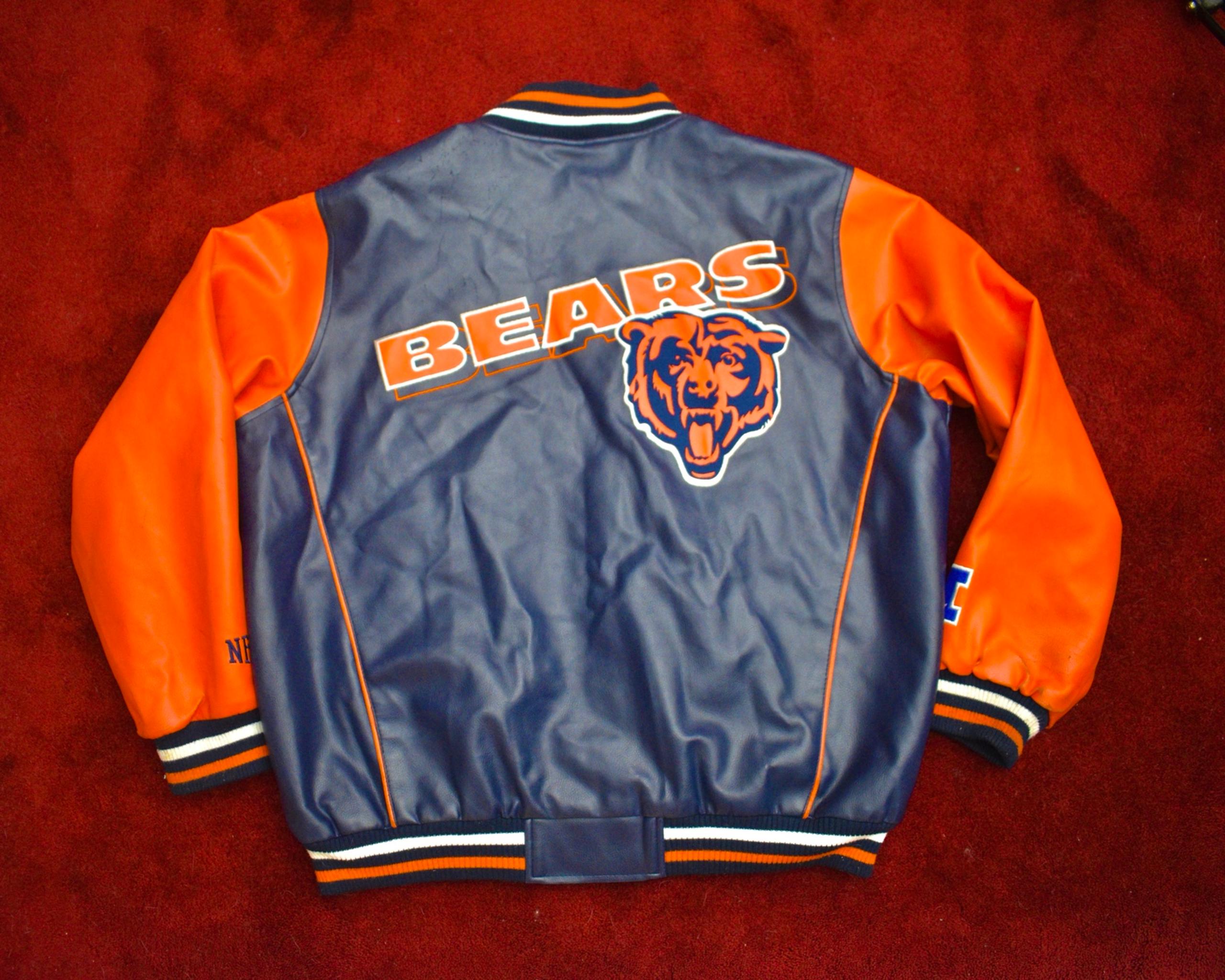 Vintage NFL Chicago Bears Leather Jacket Mens Size XL Black Blue Orange