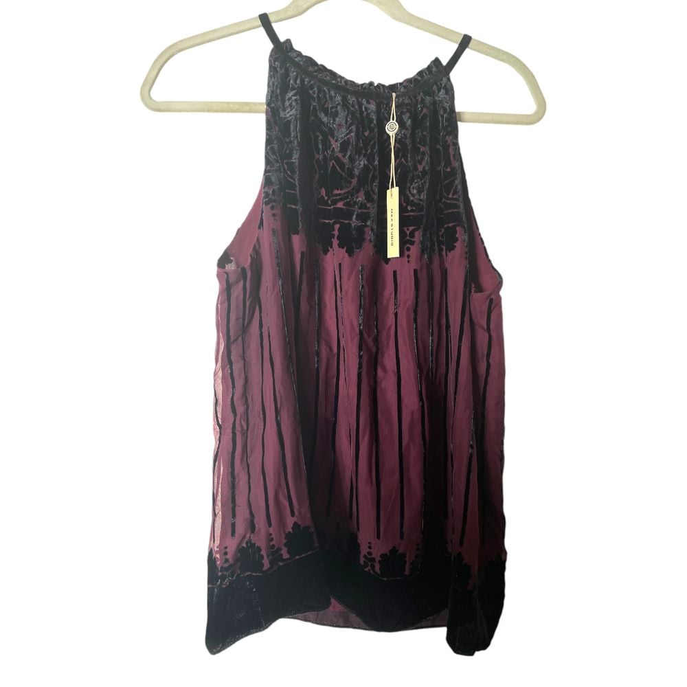 NWT Max Studios Purple Black Tank Sleeveless Blouse with Velvet Burnout Detail L