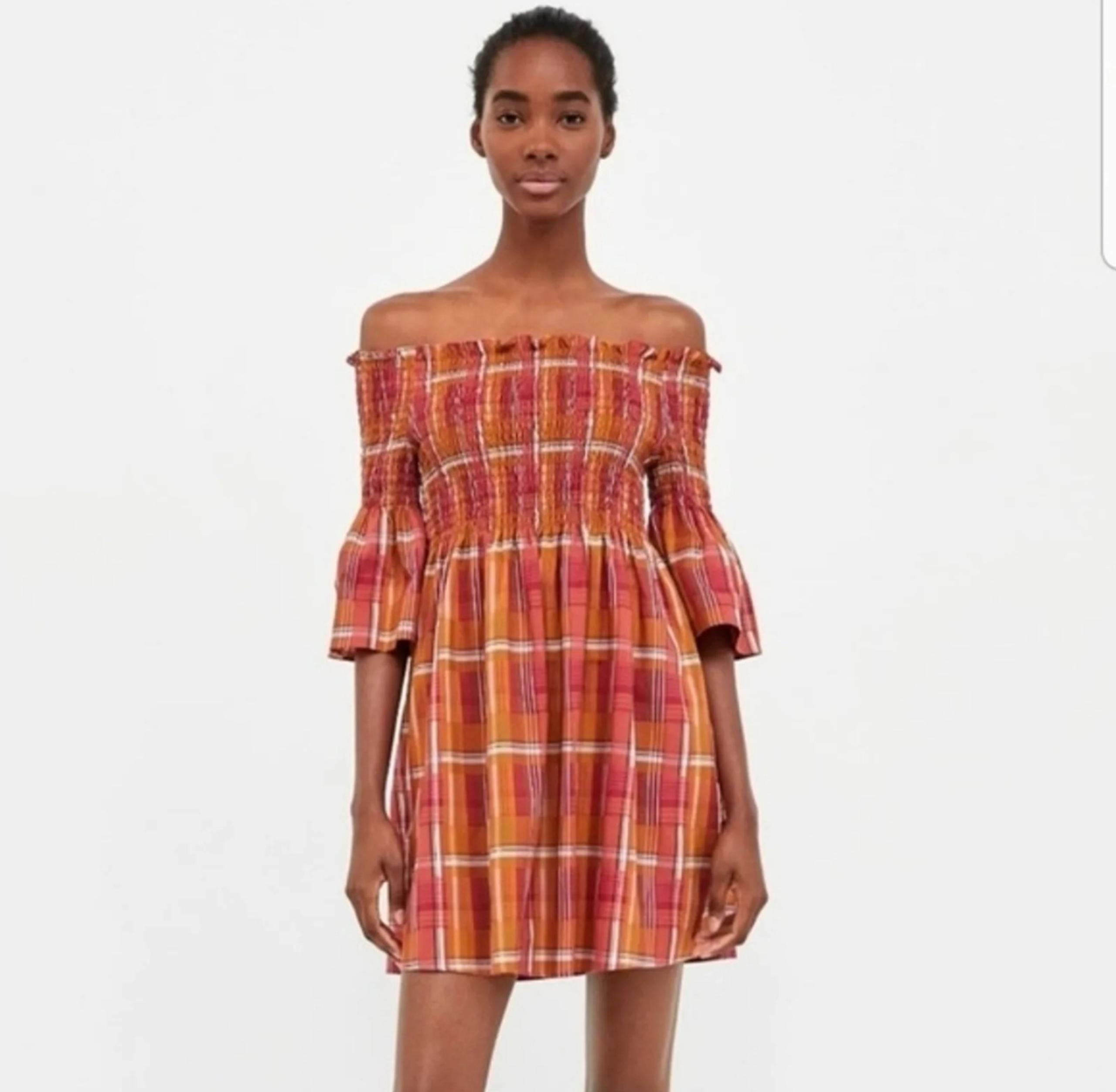 Zara Woman Plaid The smocking Off  Shoulder Mini Dress Women's Size M