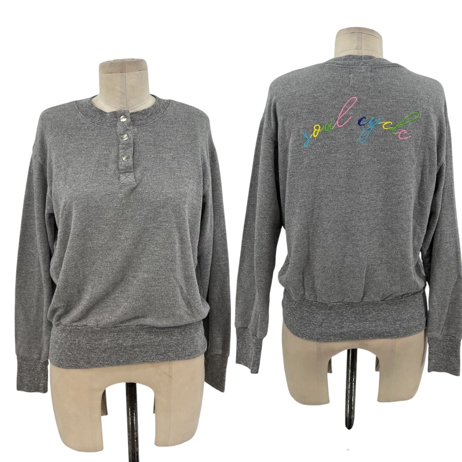 Monrow Soul Cycle Collab Embroidered Sweatshirt Top Henley Gray Size Small