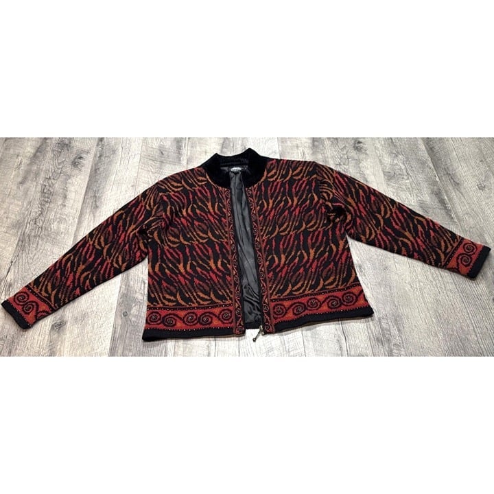 Icelandic Design Cardigan Sweater Jacket Womens Large Zip Up Lined Wool Beaded
