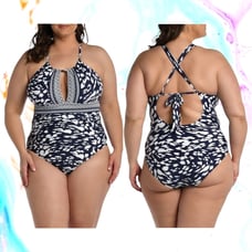 LA BLANCA Changing Tides Mio Swimsuit One Piece High Neck Keyhole Navy Blue 16