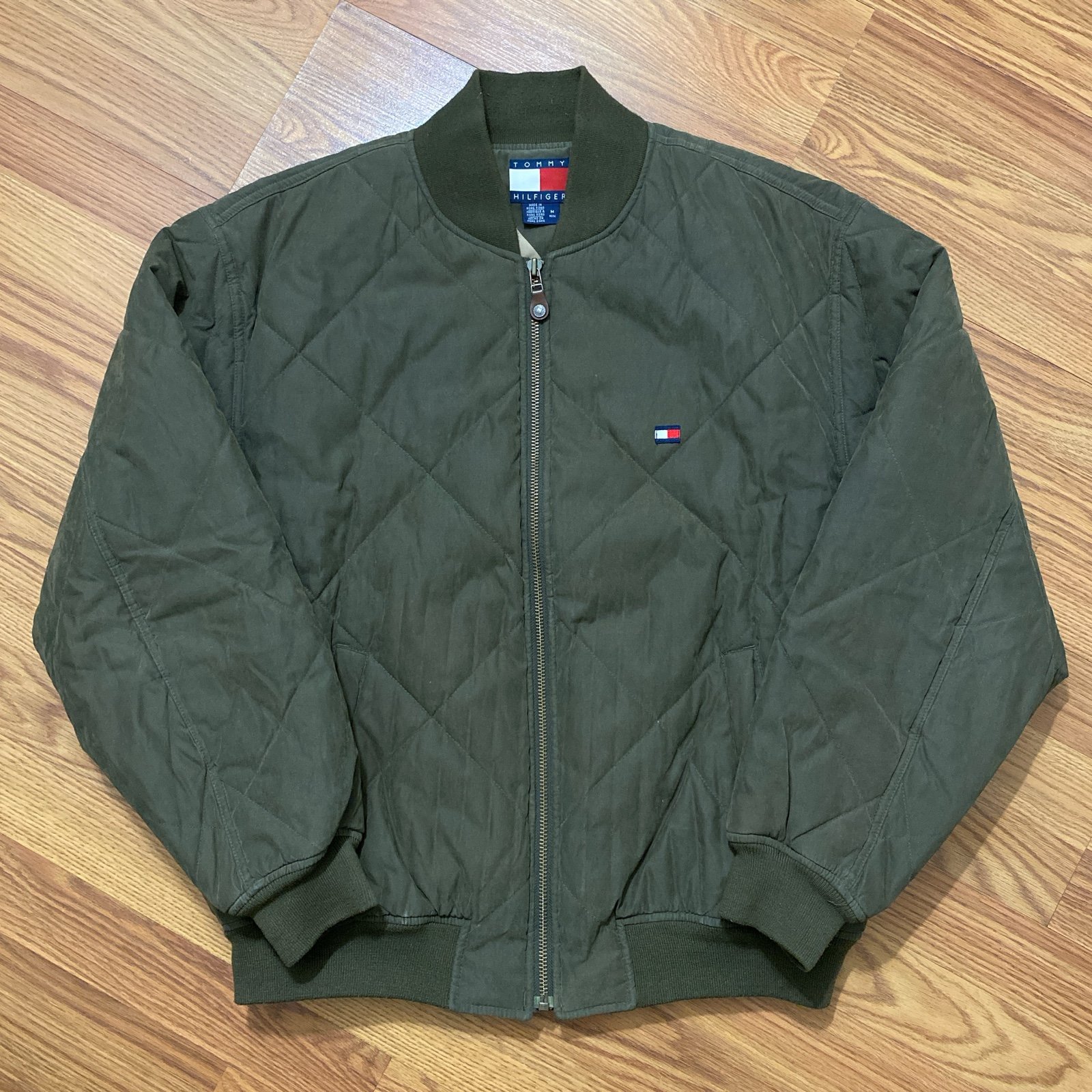 Vintage 90s Tommy Hilfiger Quilted Bomber Jacket Size M Retro Military Outdoors