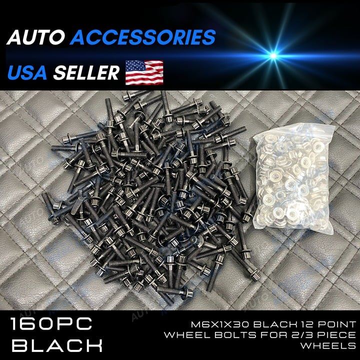 160pcs M6x1x30 Black 12 Point Wheel Bolts for 2/3 piece wheels