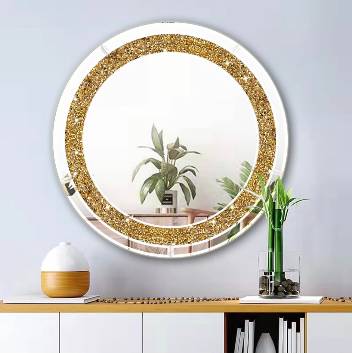 ZOLAPI Round Crystal Rhinestone Diamond Wall Mirror.Brilliant Hand-Spliced Glass