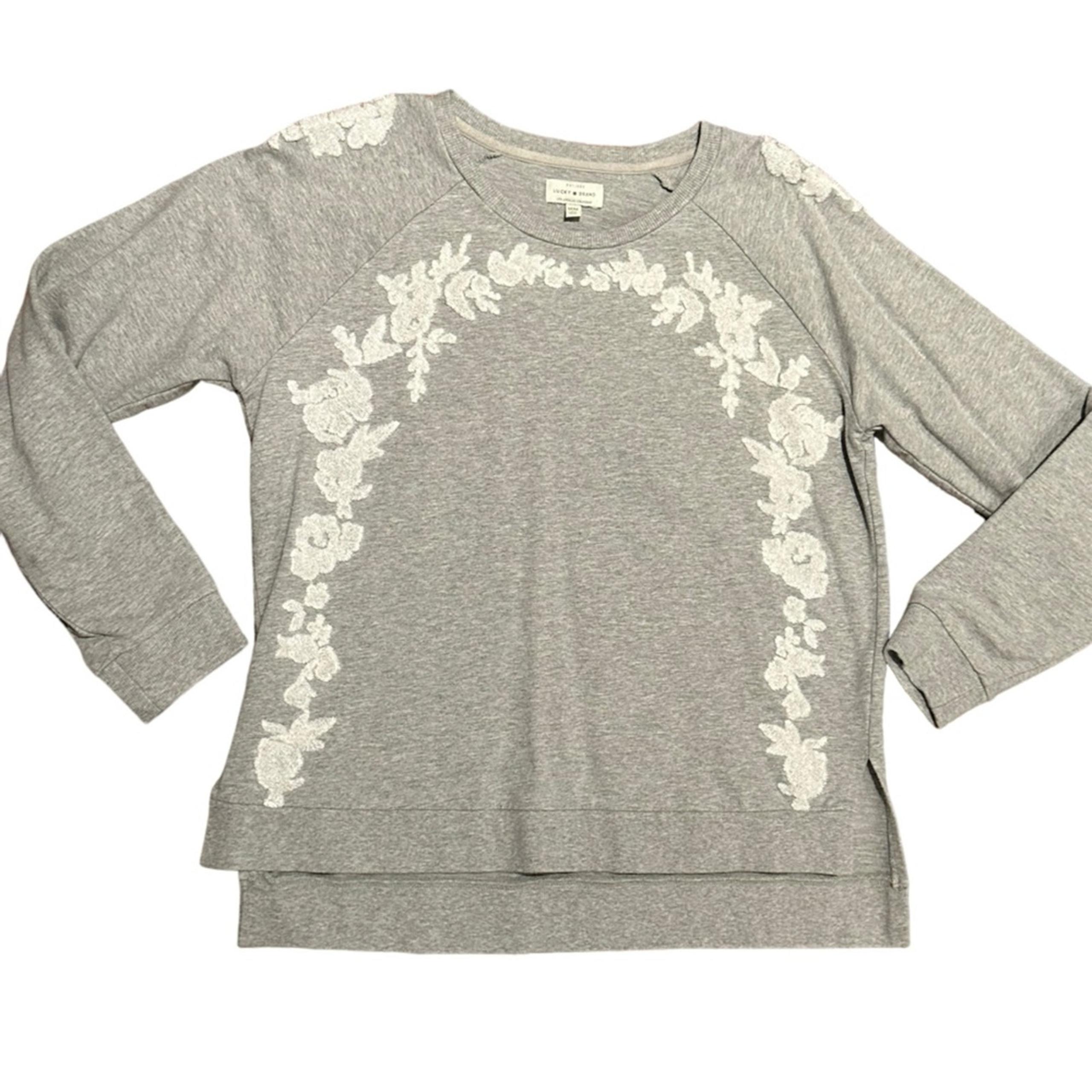 Lucky Brand Women’s Medium Gray Sweatshirt with Embroidered Floral Motif