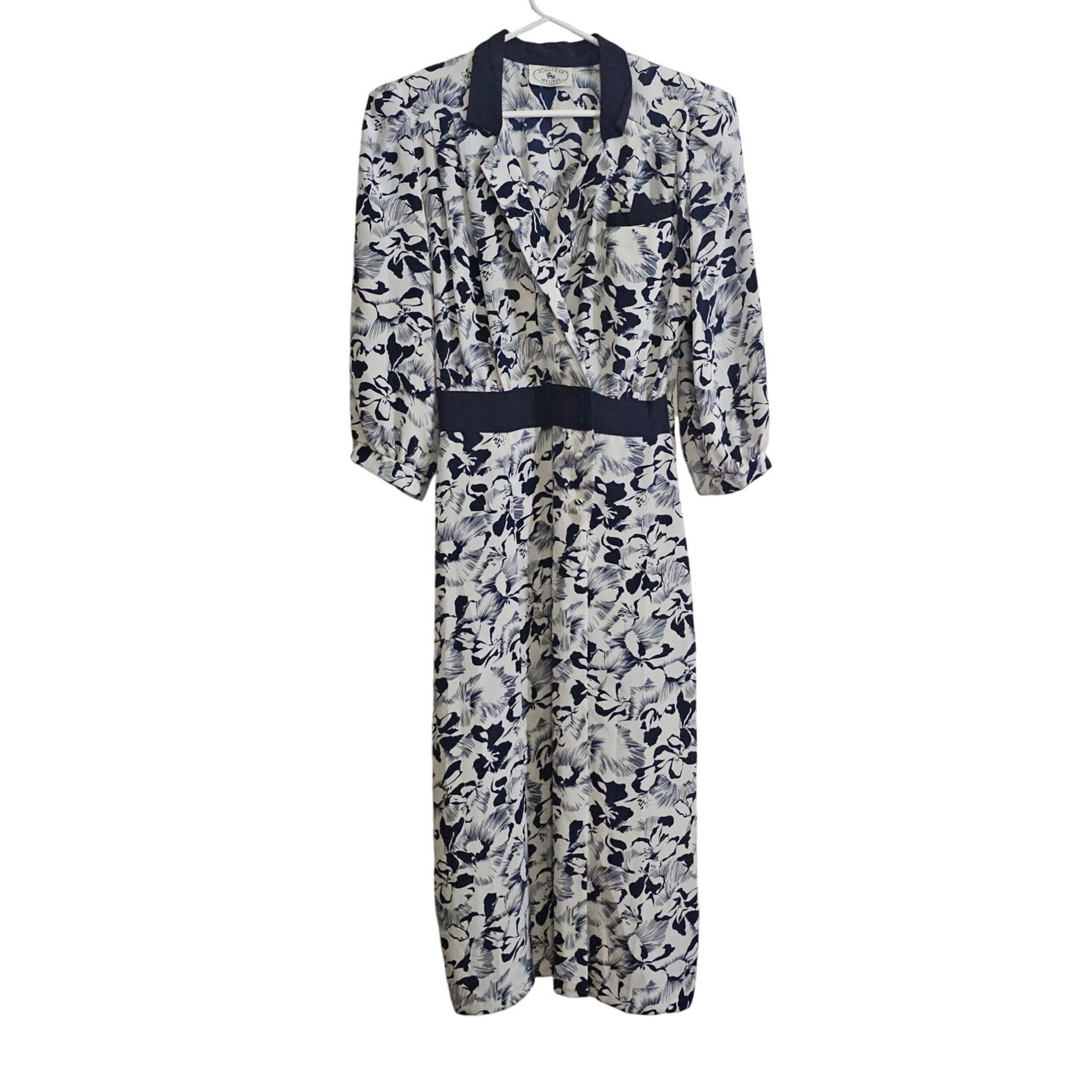 Vintage Jonathan Martin 1940s-style Dress 6 Floral Tropical Office Preppy Navy