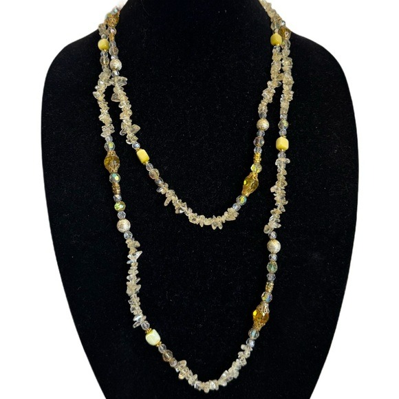Vintage Faceted Iridescent Aber Glass & Citrine Gem Chips Long Beaded Necklace