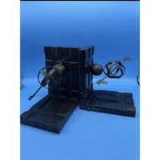 Brutalist Wooden Bookends Armillary Globes Spheres with Arrow Hand Carved MCM