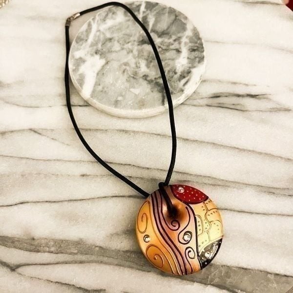 Soizick France Limoges Fine Porcelain Hand Panted Pendant Swarovski Accent