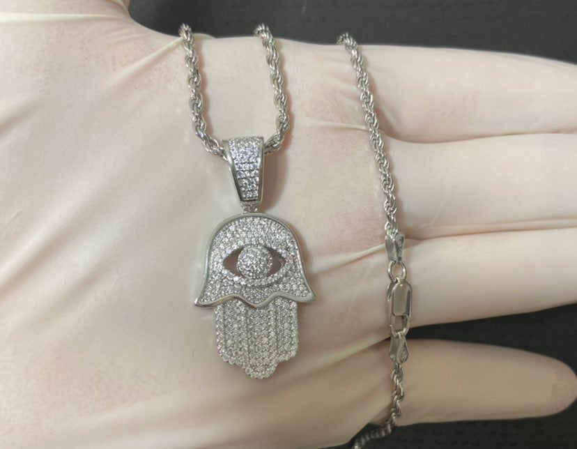 Real 925 sterling eye hamsa hand necklac