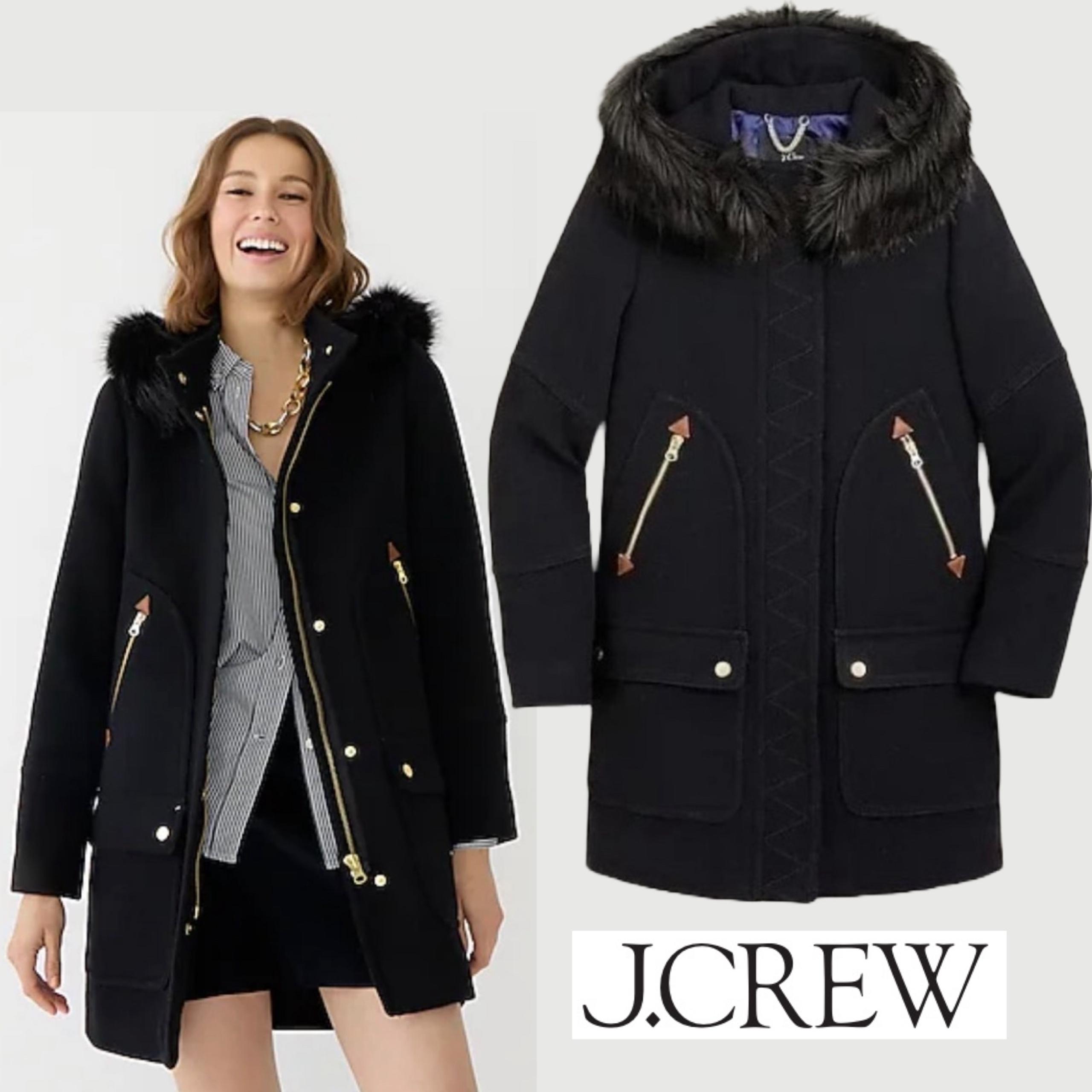 $385‼️J.Crew Chateau Parka Nello Gori Italian Stadium Cloth Wool Black Fur Coat