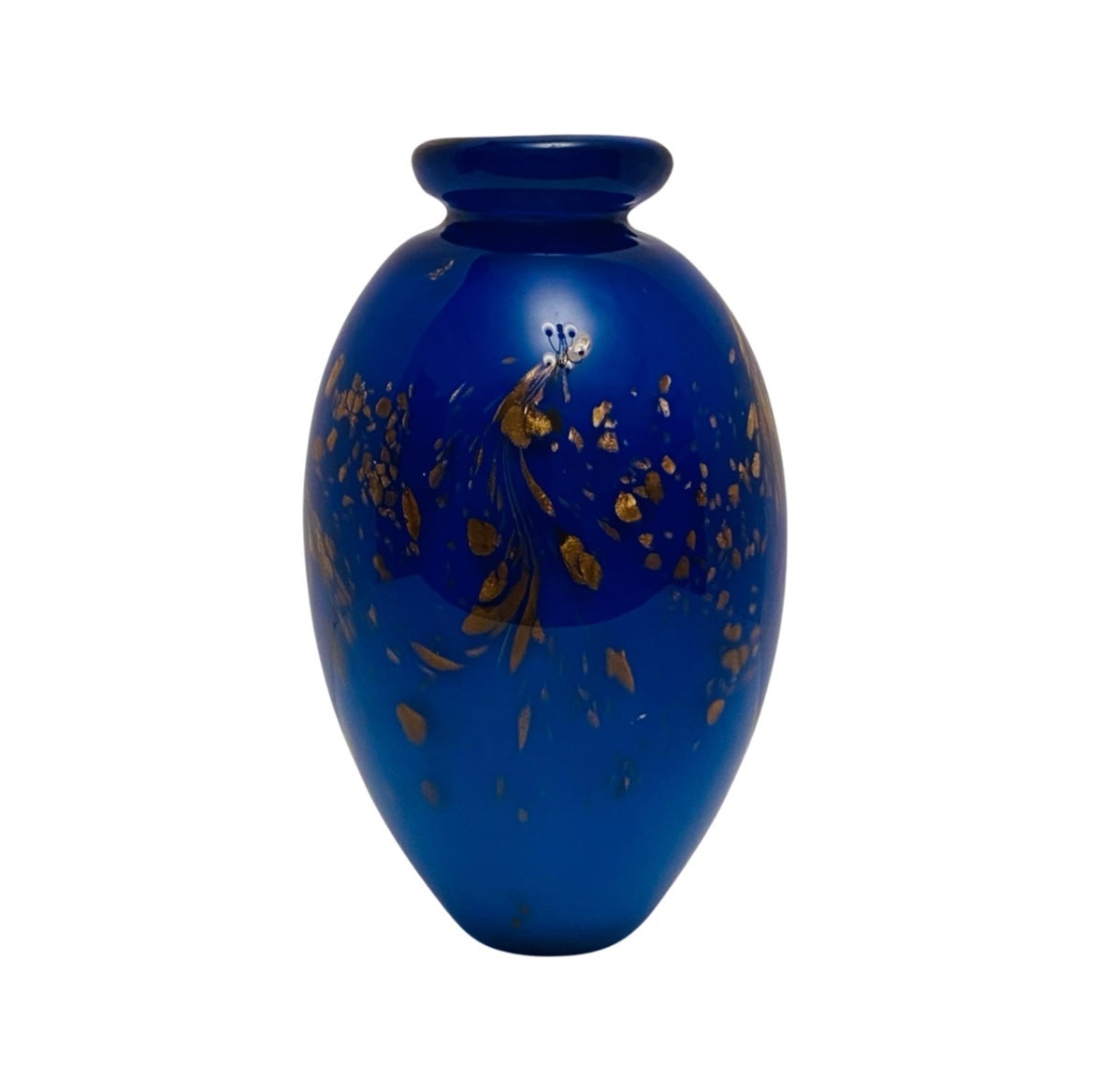 Vintage Murano Cobalt Blue & Gold Spun 8.5” Art Glass Vase Beautiful Hand Blown.