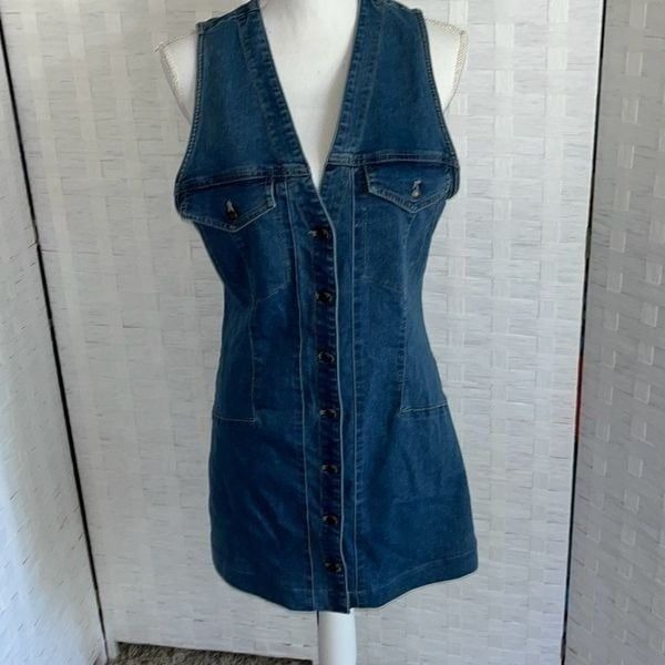 Free People Wandering Stars Blue Denim Button Front Mini Dress Women’s 12