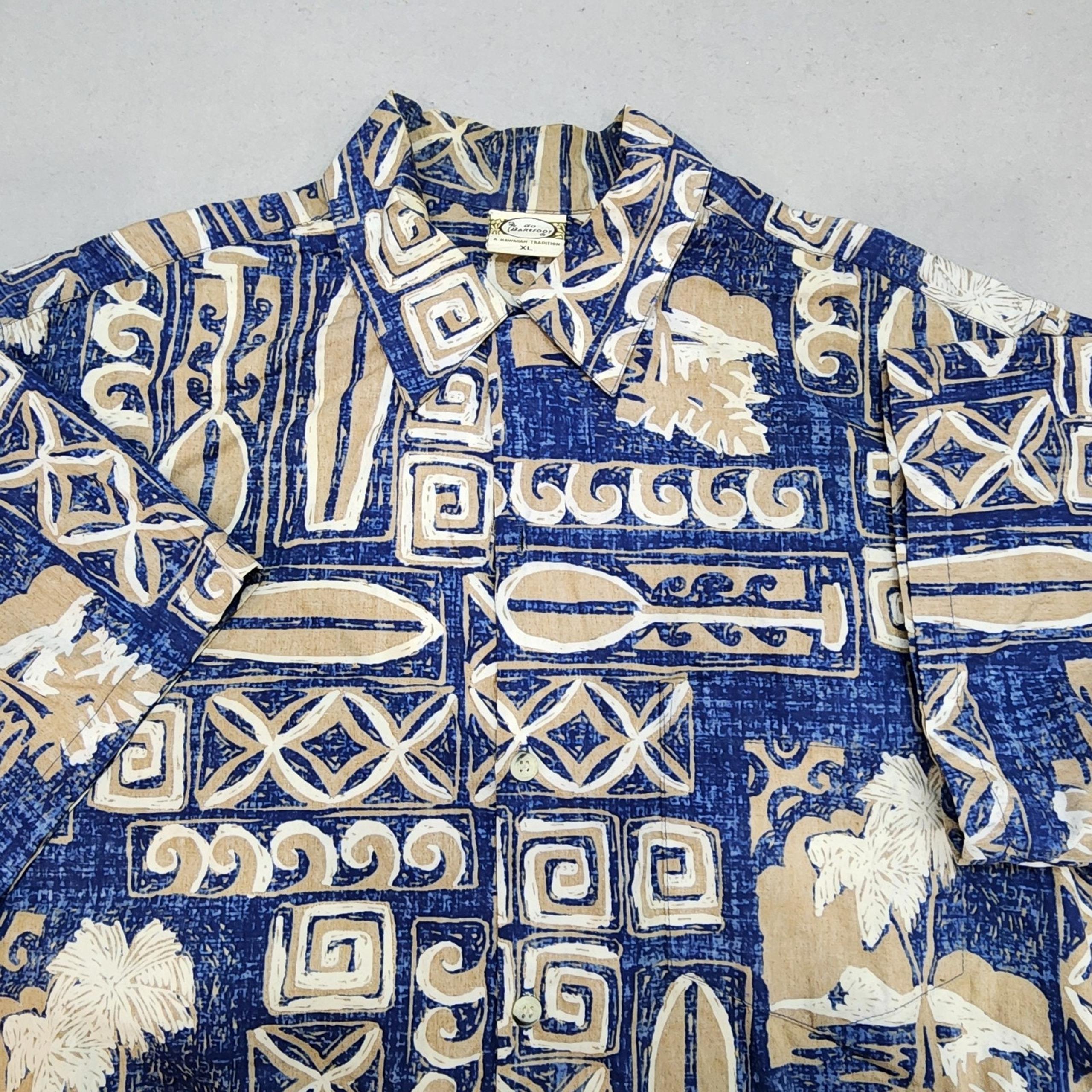 Go Barefoot Hawaiian Shirt Blue Button Down Canoe Waves Palm Men's Sz XL