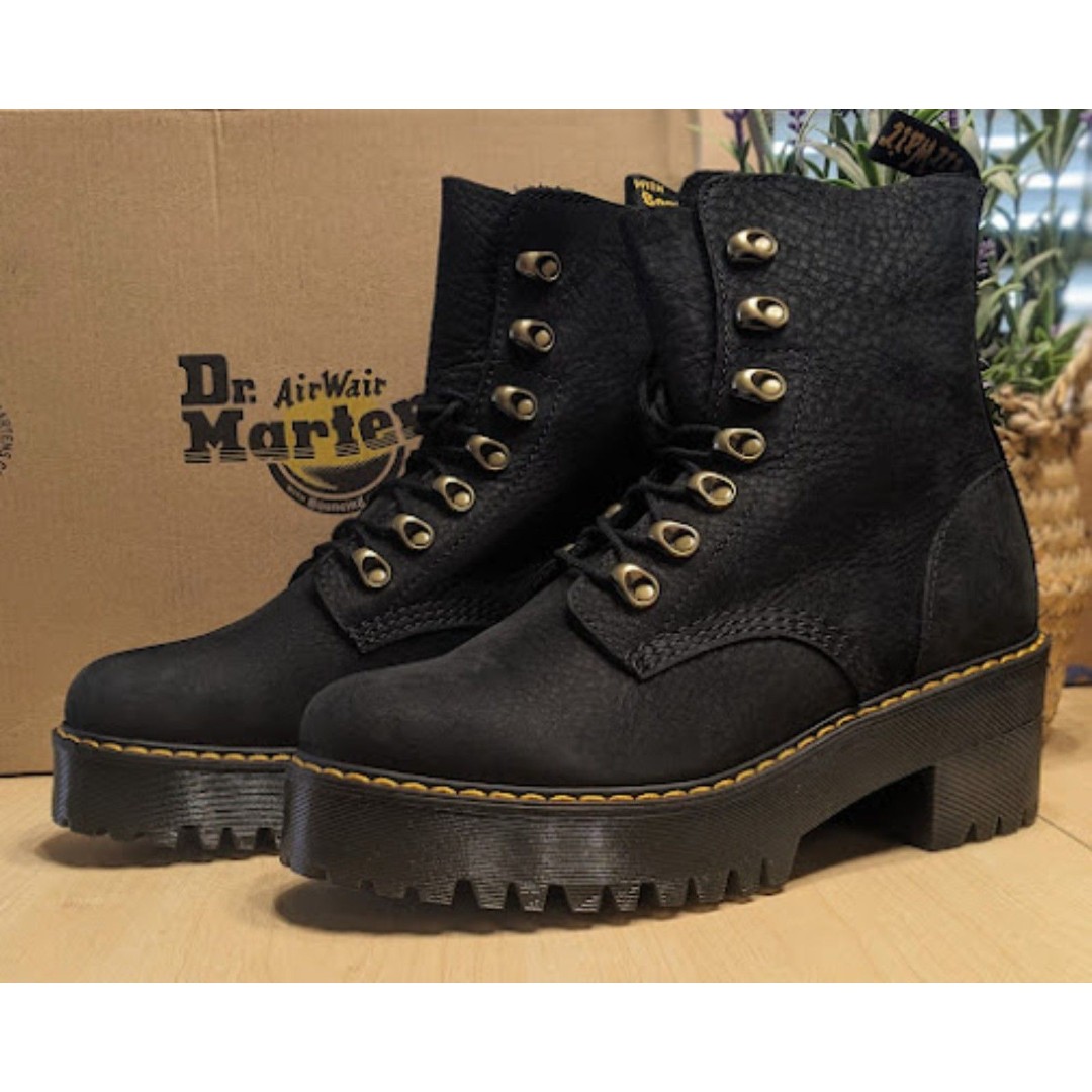 Dr. Martens Women's Black Nubuck Leather Leona Combat Boots UK7 W9 NIB