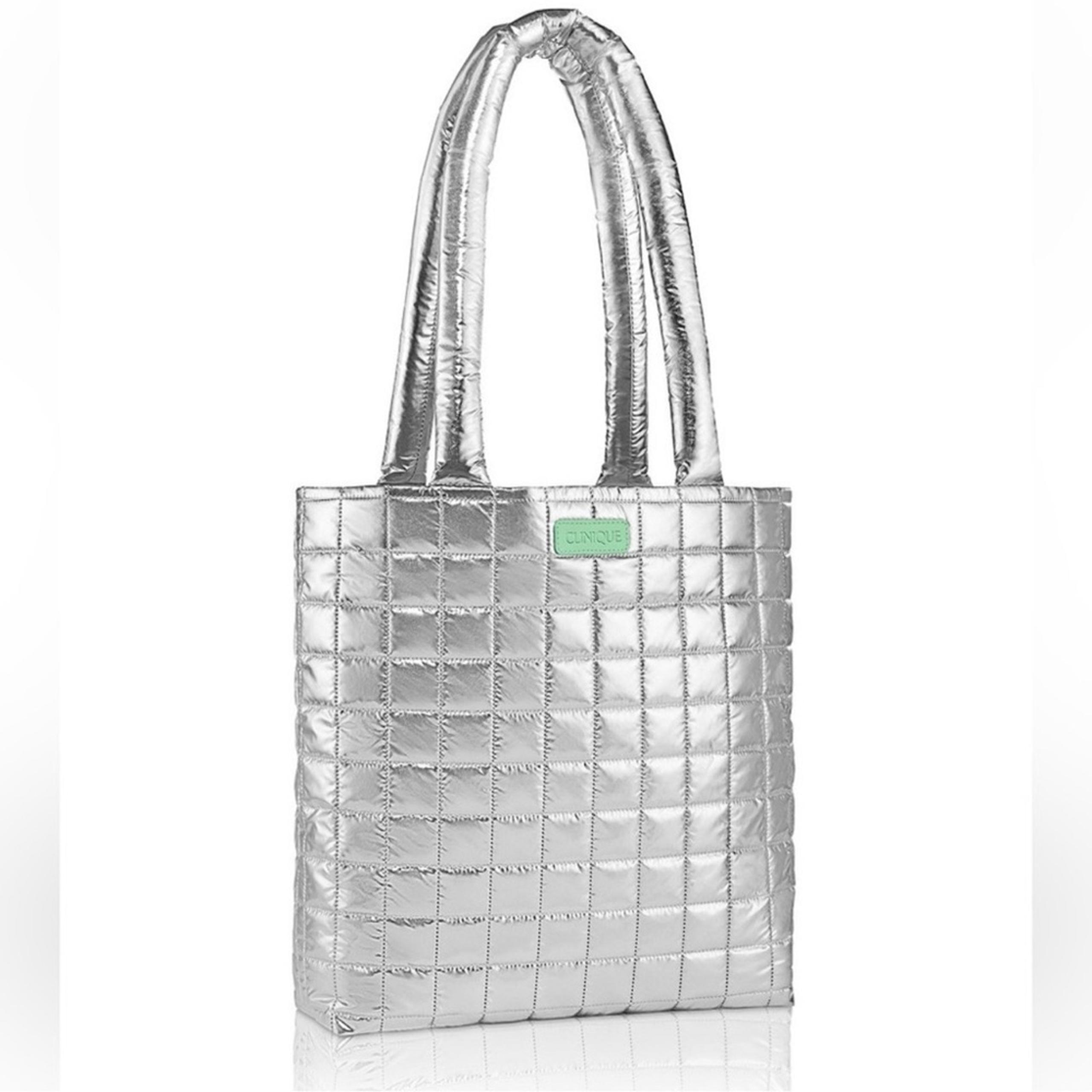Clinique Silver Metallic Puffy Tote Bag