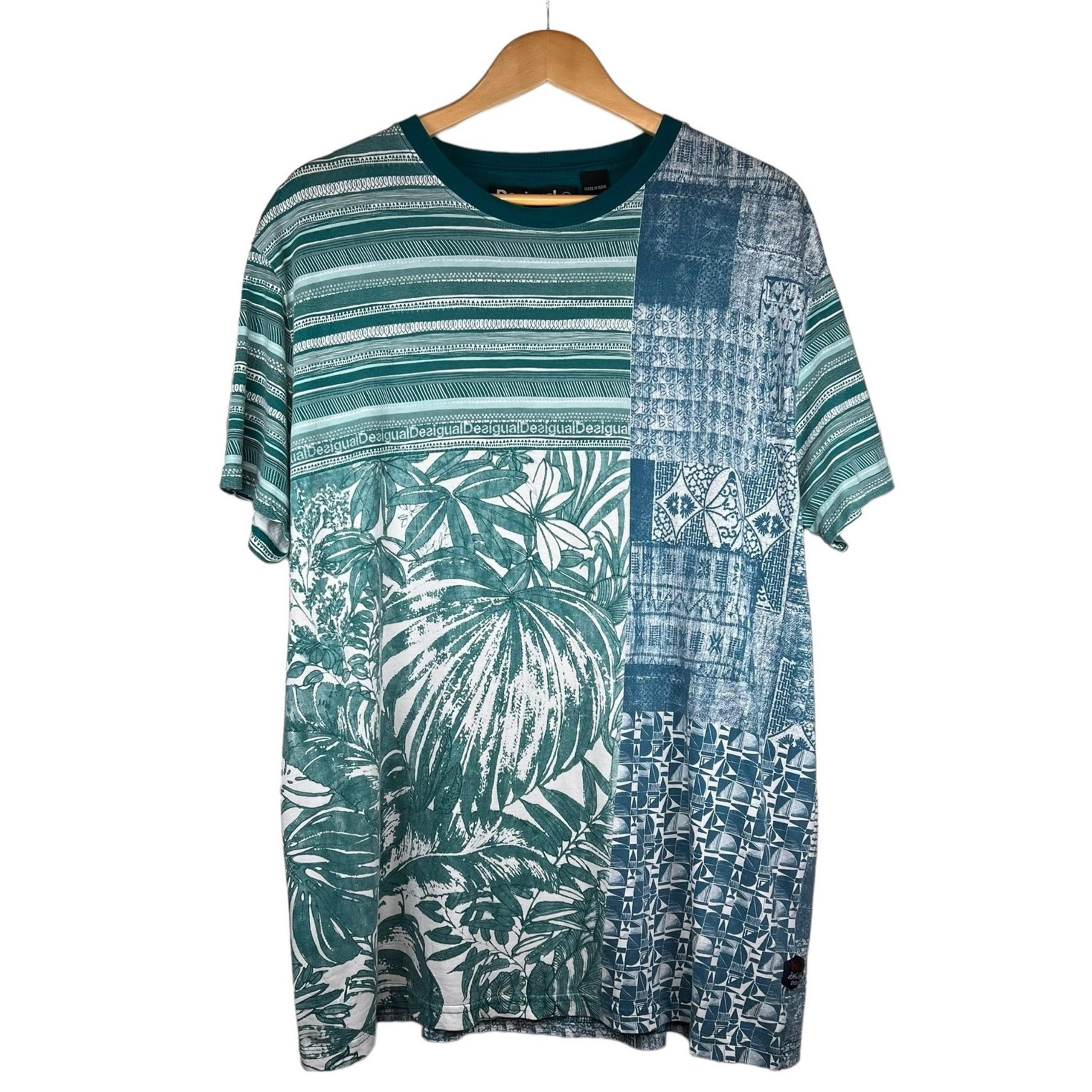 Desigual Mens Patchwork Tribal Tropical Print Short Sleeve T-shirt Blue XXL