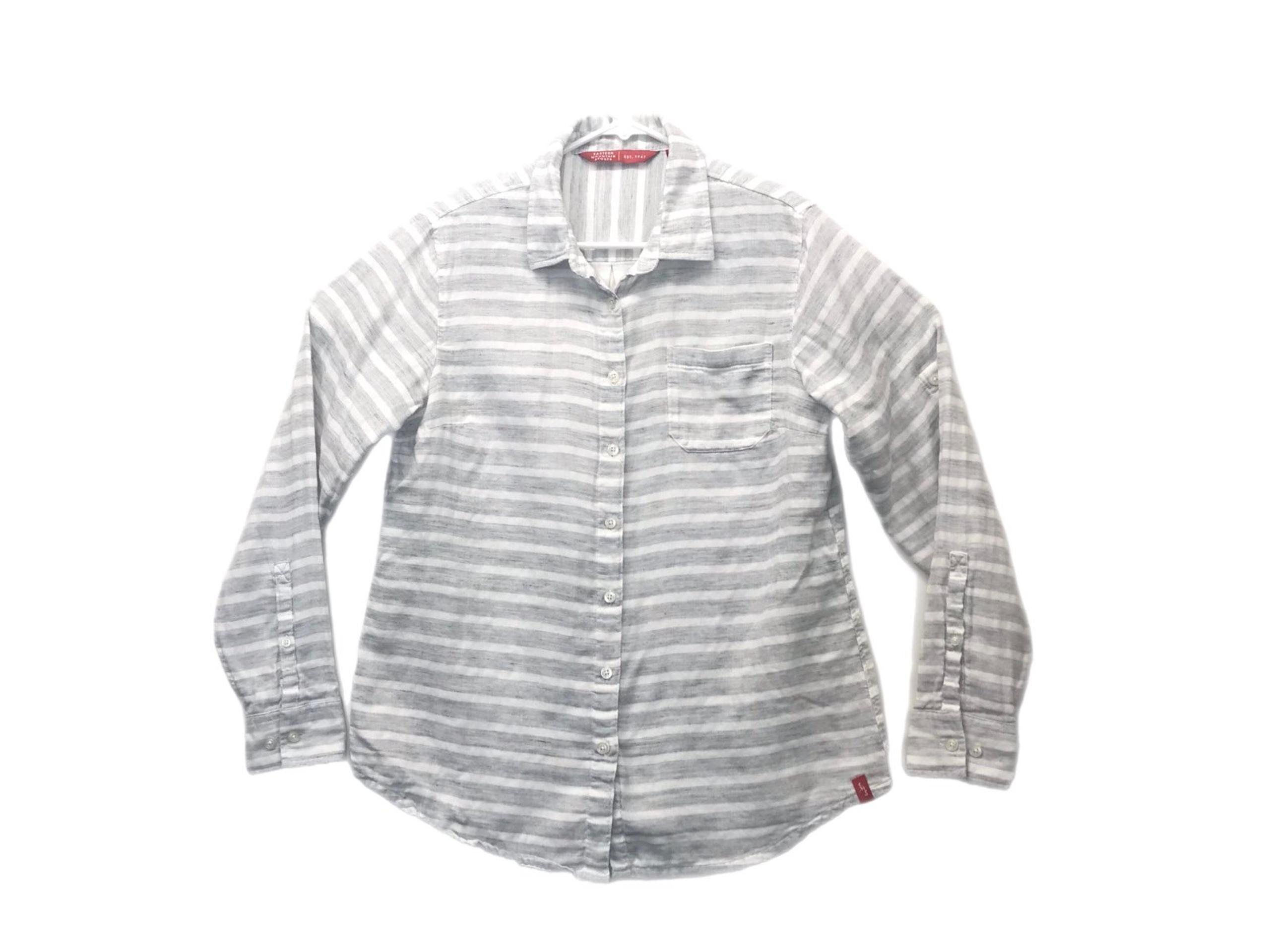 EASTERN MOUNTAIN SPORTS Womems Size L Front Button Shirt Striped Roll Tab Sleeve