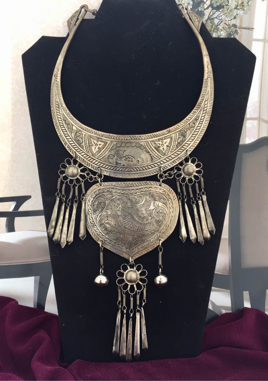 Huge Hill Tribe Necklace silver tone tribal bib breastplate