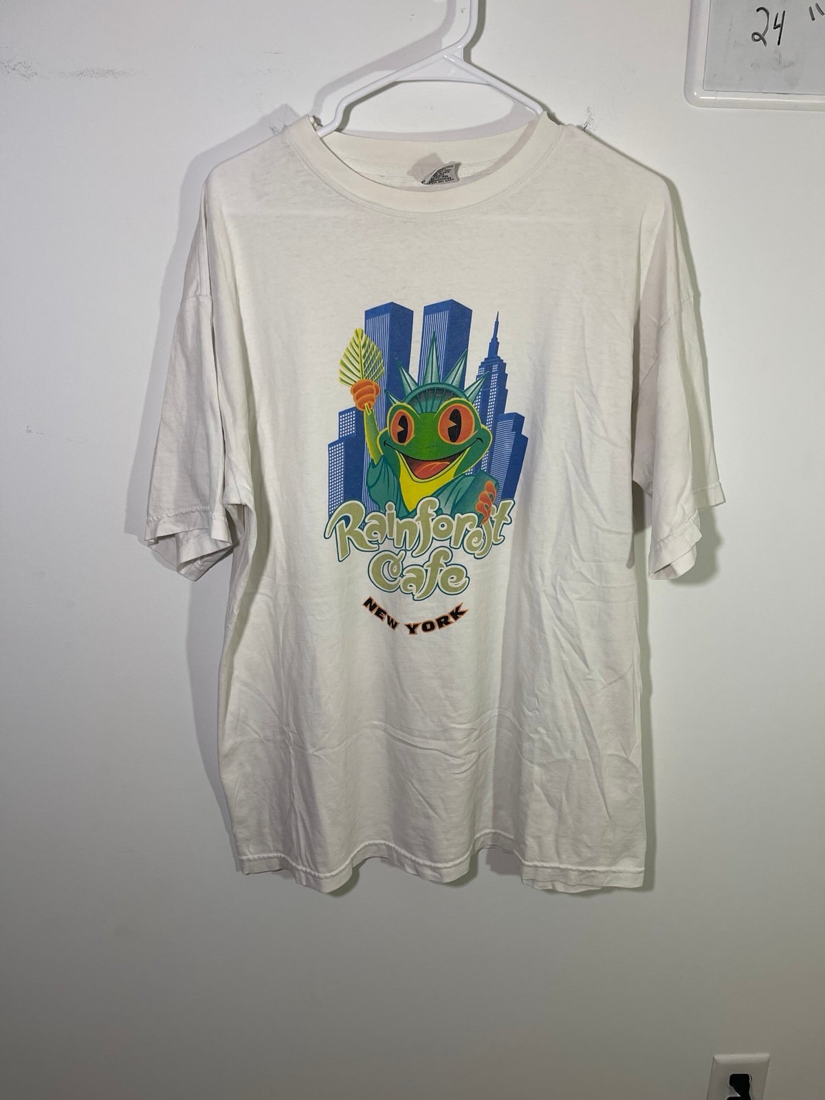 RARE White 90s graphic Rainforest Cafe New York Statue of Liberty frog tee XL